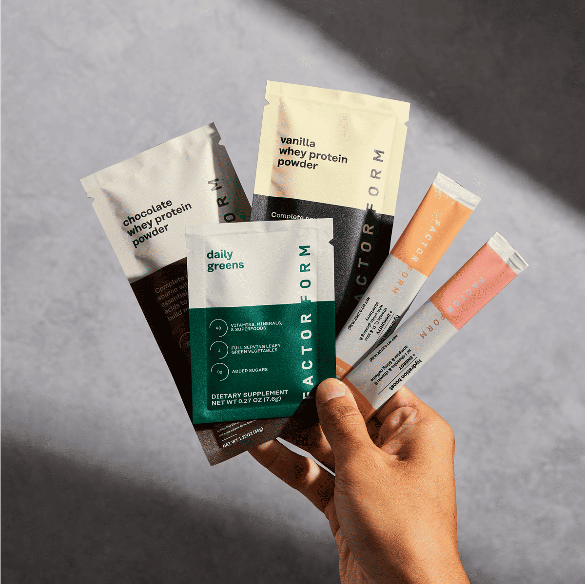Factor Form Greens, Protein, Hydration in aesthetic glasses