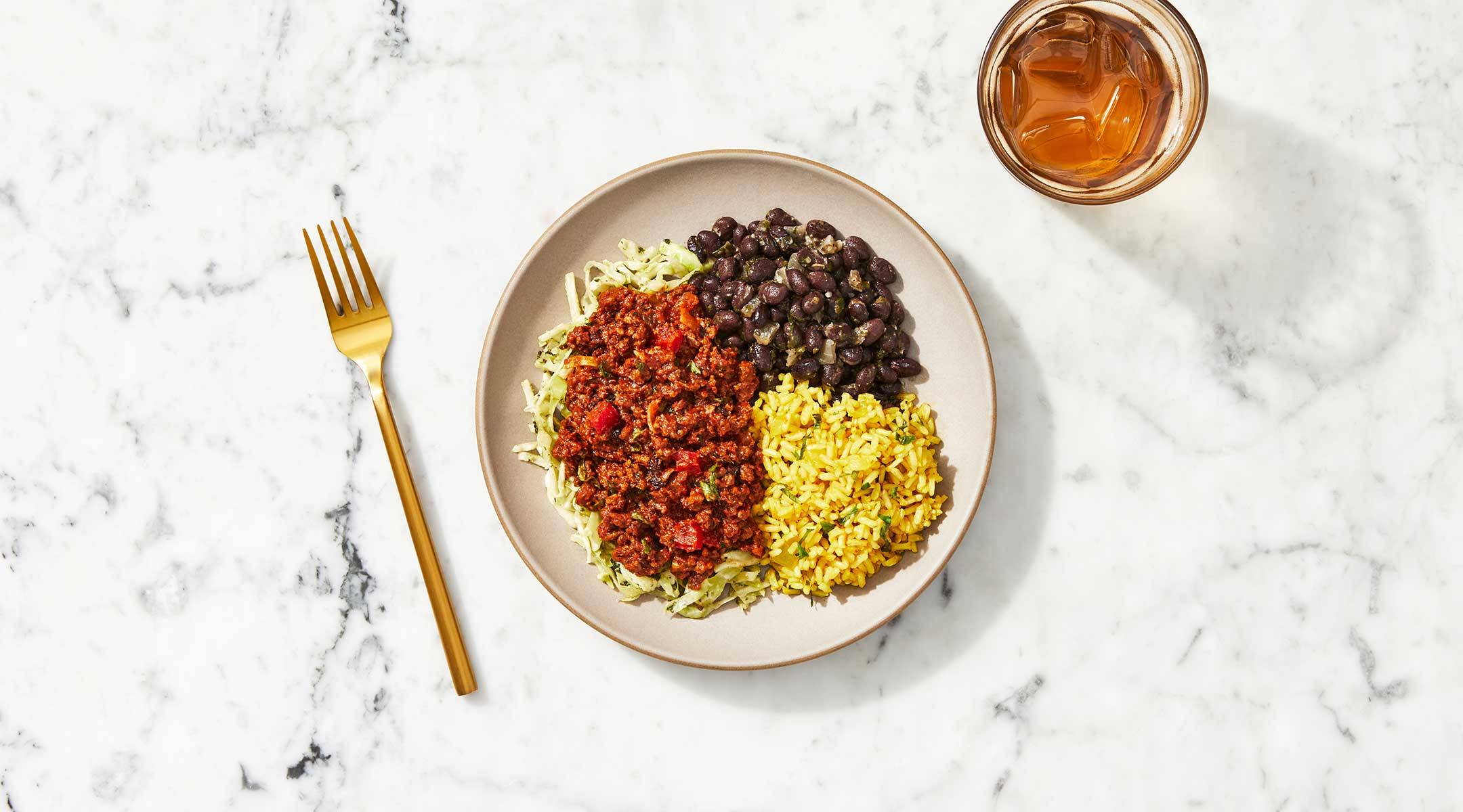 Cuban Beef Picadillo with Rice and Beans