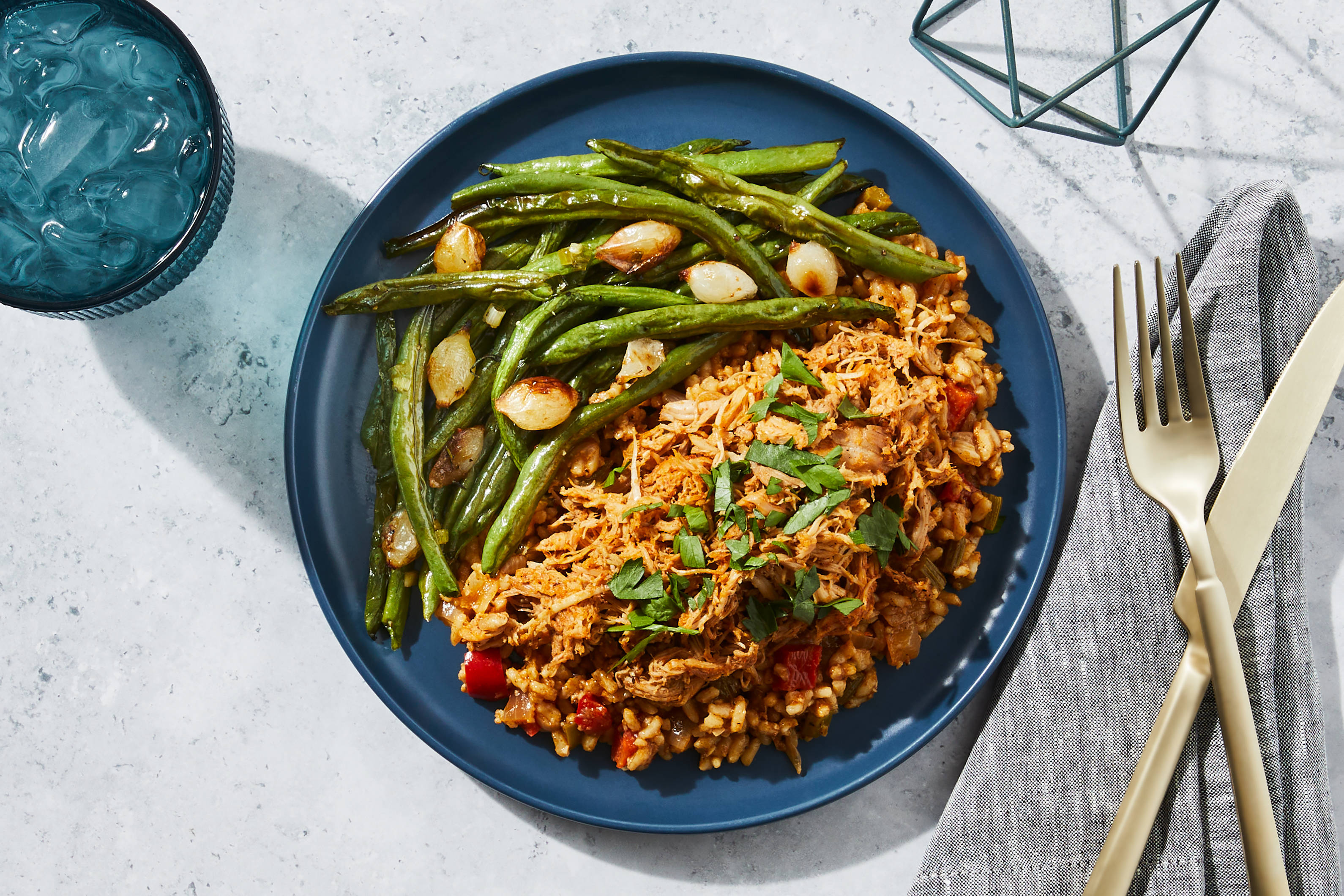 Shredded Cajun Chicken Thighs & Gumbo Rice