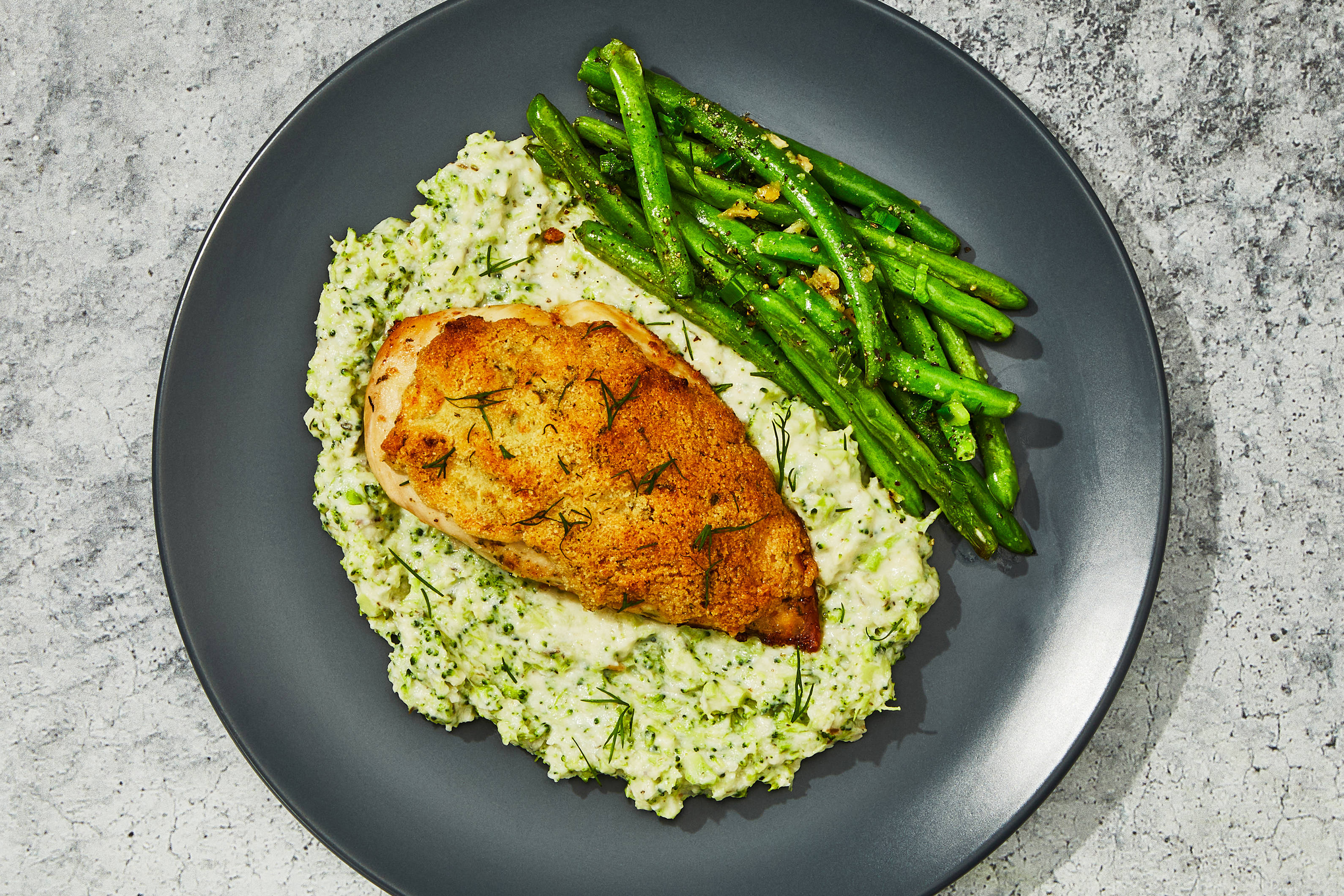 Dill Crusted Chicken & Cheddar Broccoli “Grits”