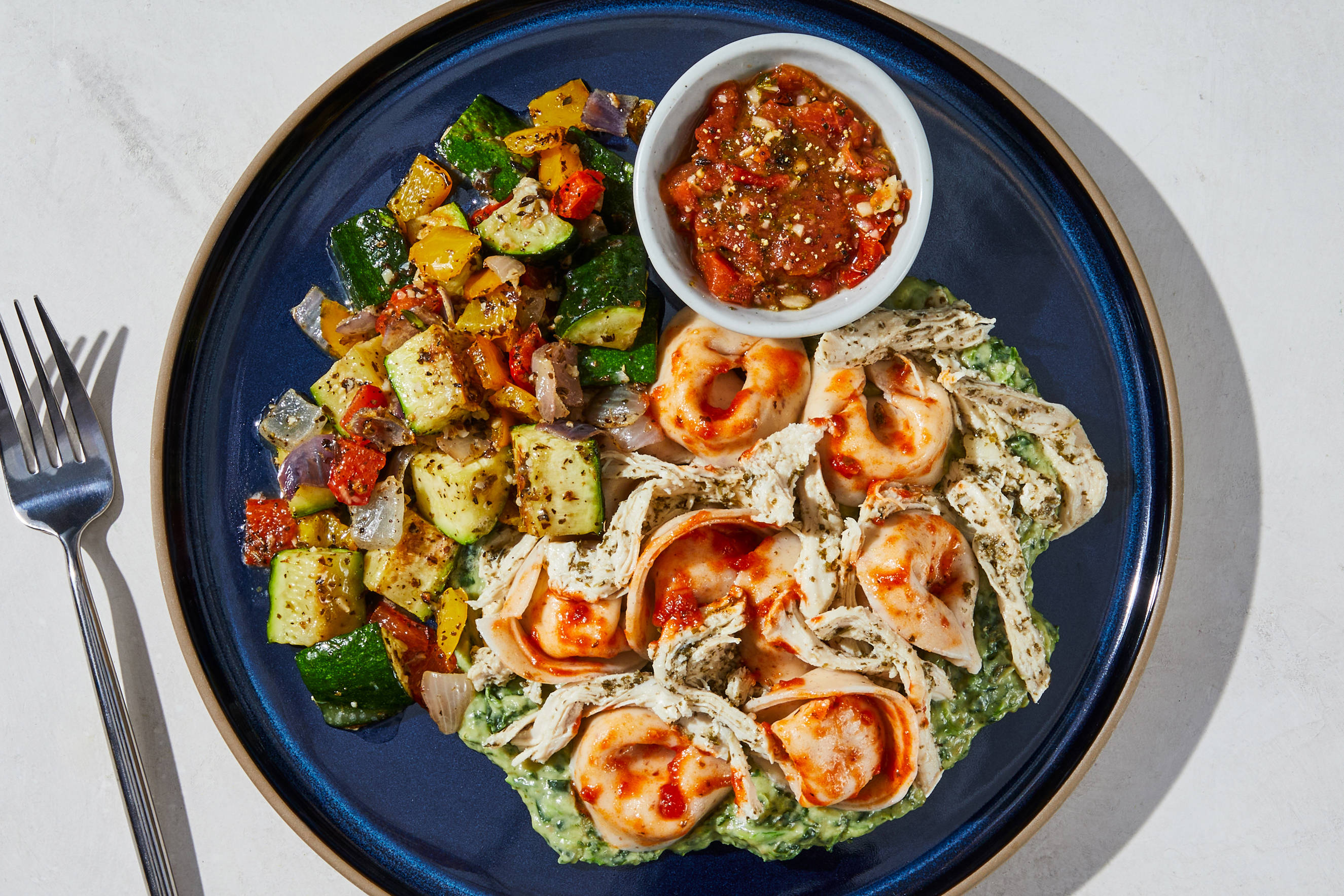 Shredded Chicken & Pesto Creamed Spinach Tortellini