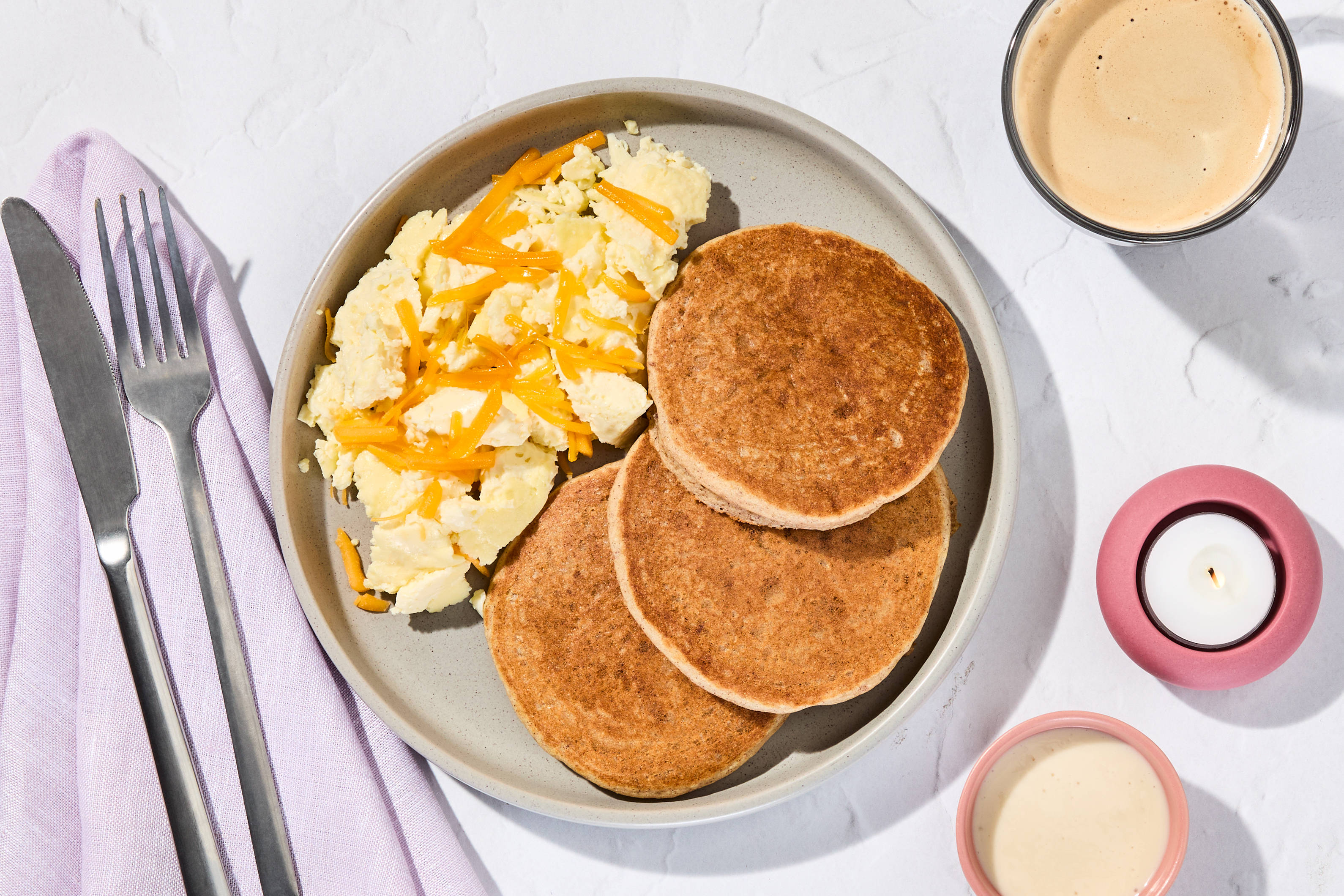 Cinnamon Roll Pancakes & Cheddar Scrambled Eggs