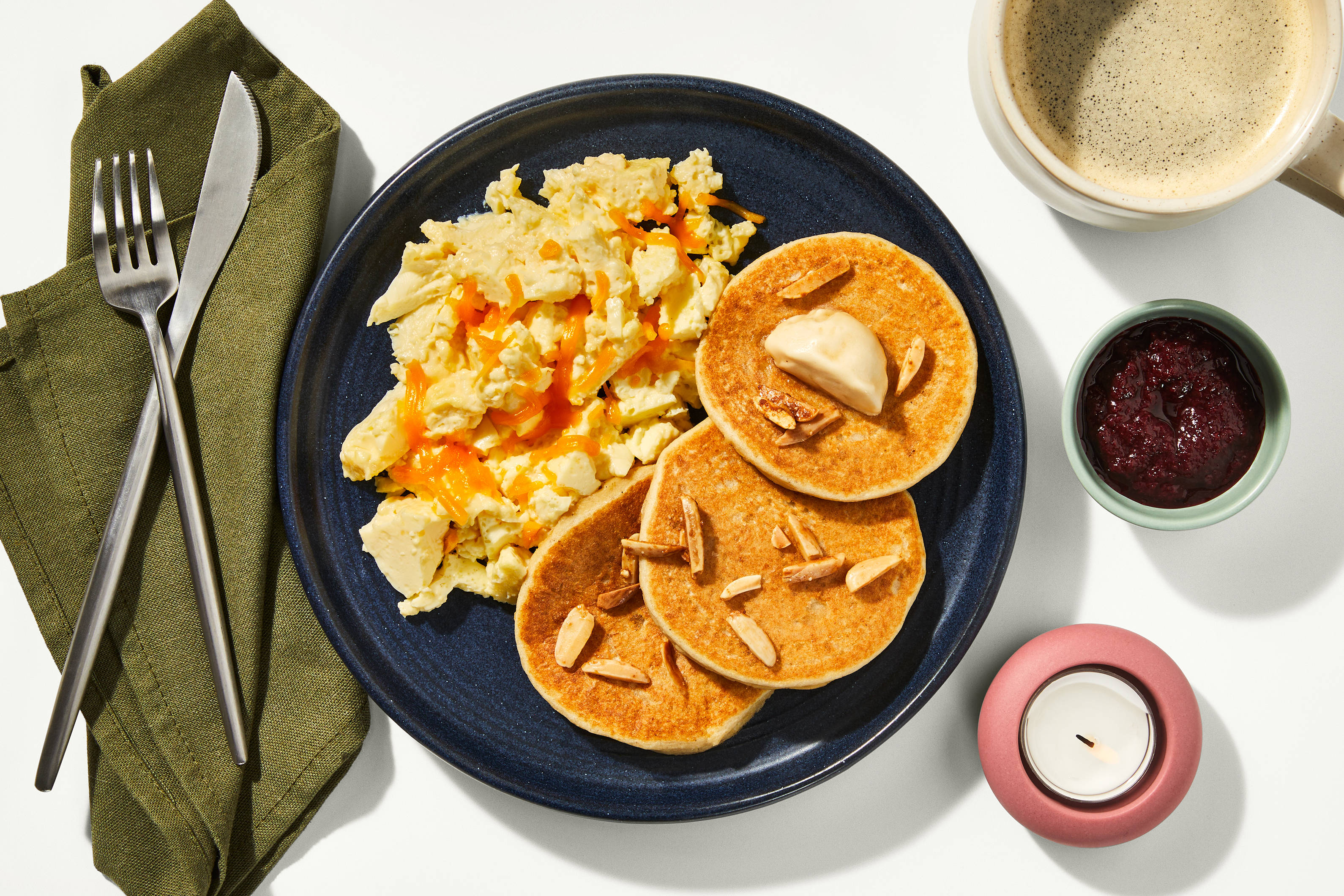 Cherry Almond Pancakes & Cheddar Scrambled Eggs