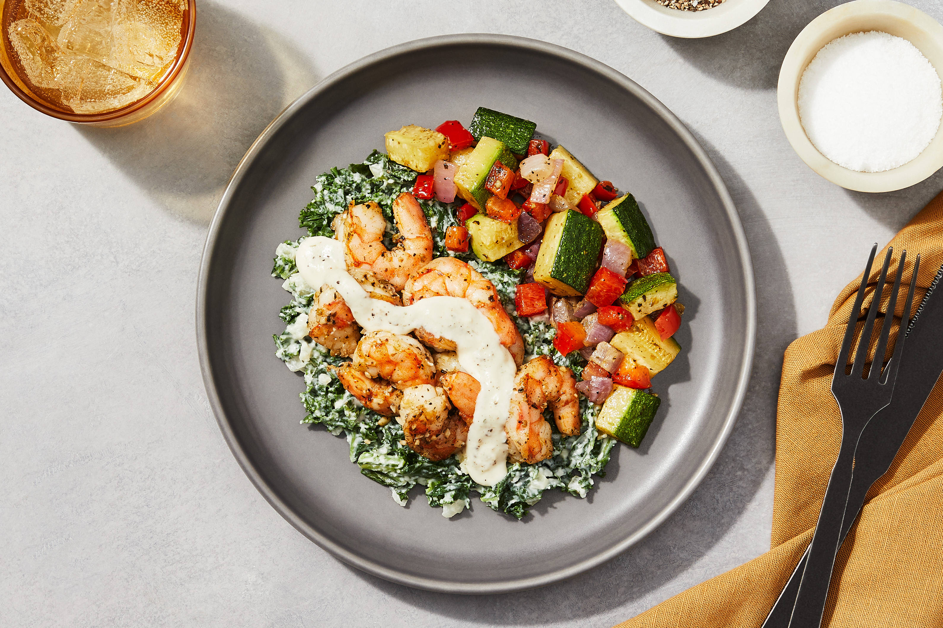 Garlic Butter Shrimp & Creamed Kale + Salmon