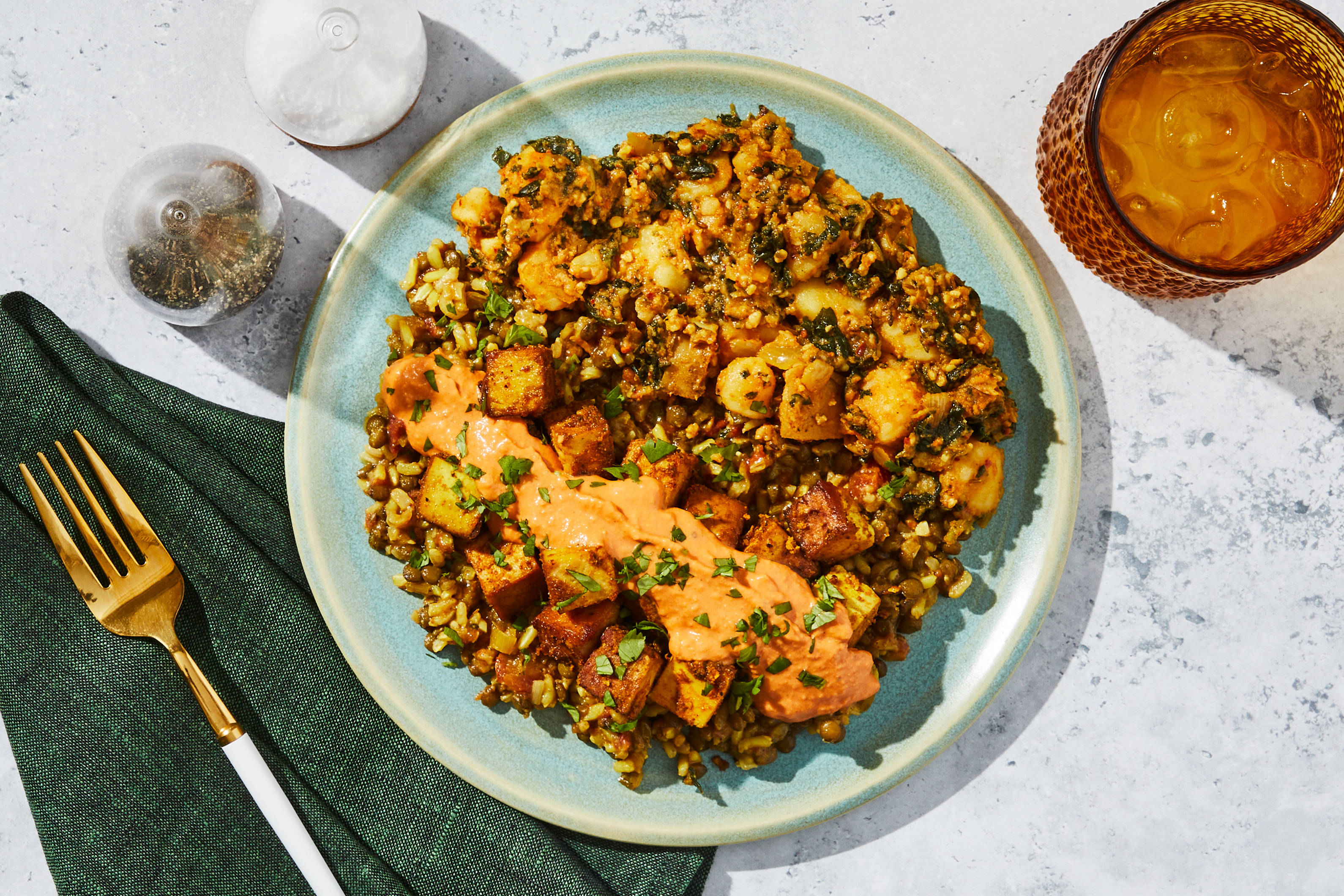Indian Butter Tofu, Lentils & Rice + Salmon
