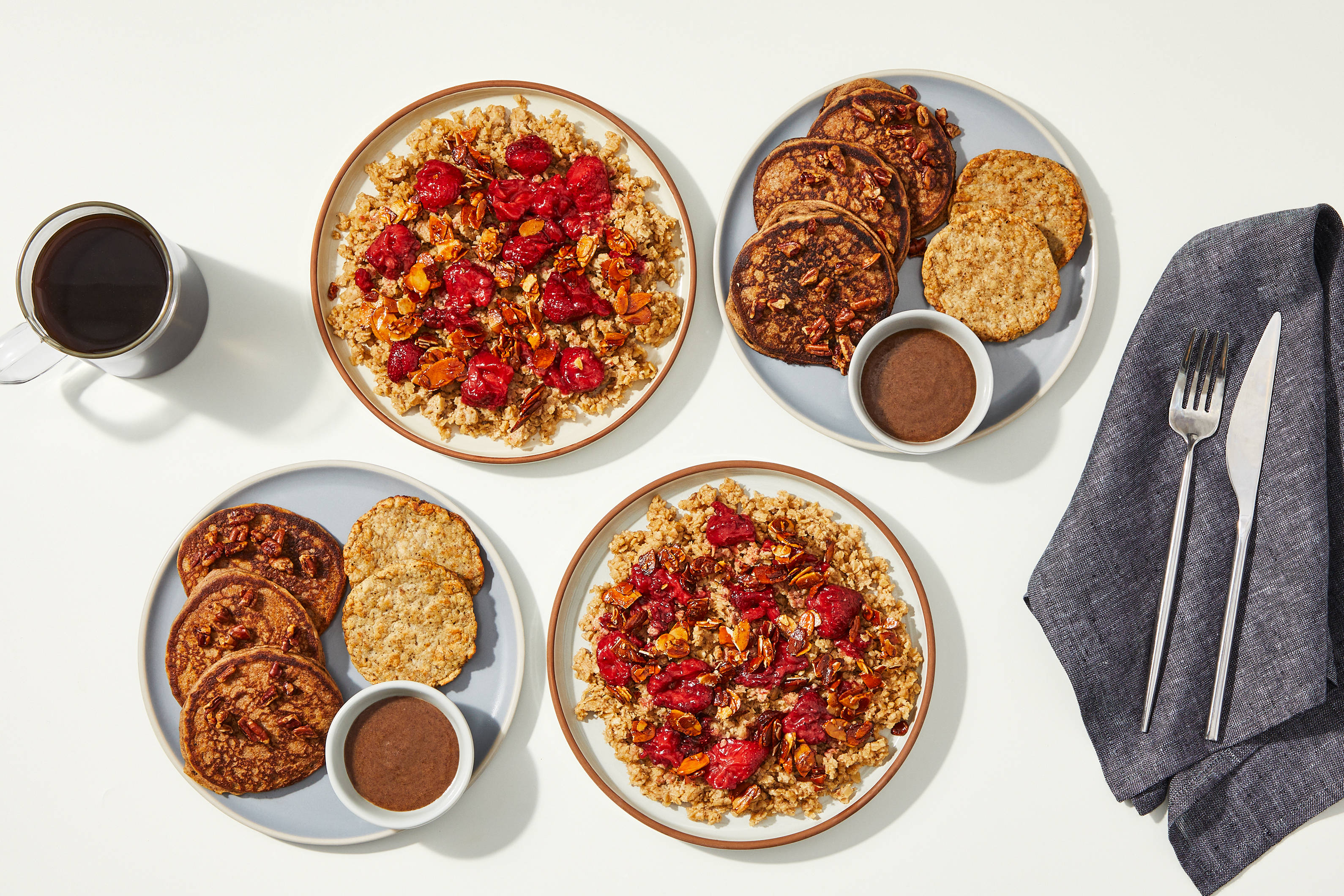 Sticky Pecan Pancakes and Vanilla Overnight Oats & Strawberry Compote