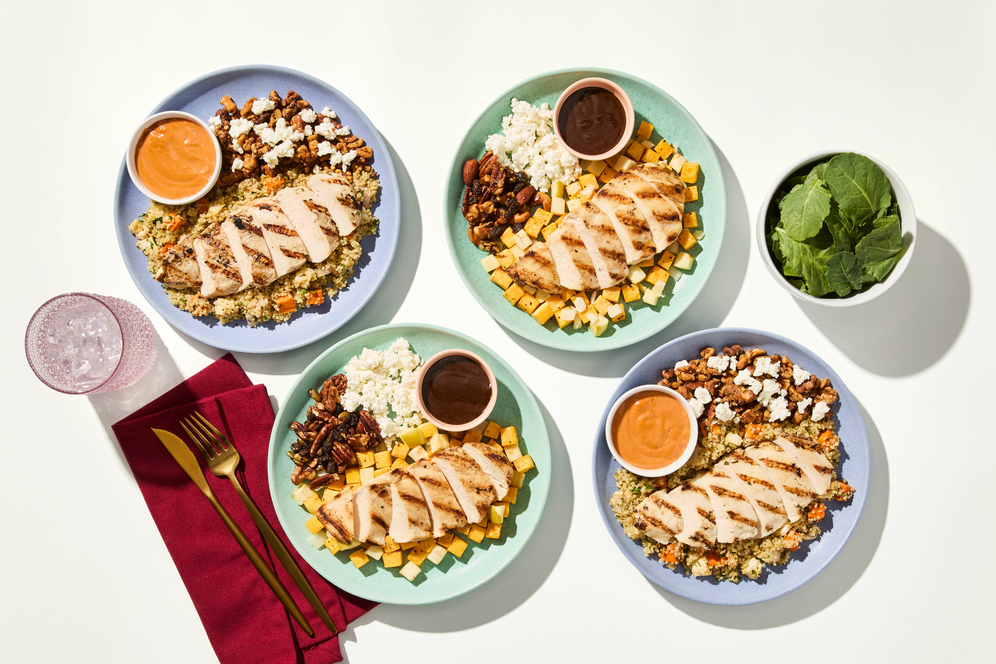 Lunch for the Week - Chicken & Pomegranate-Maple Sauce Grain Bowl & Goat Cheese, Butternut & Grilled Chicken Salad Topper