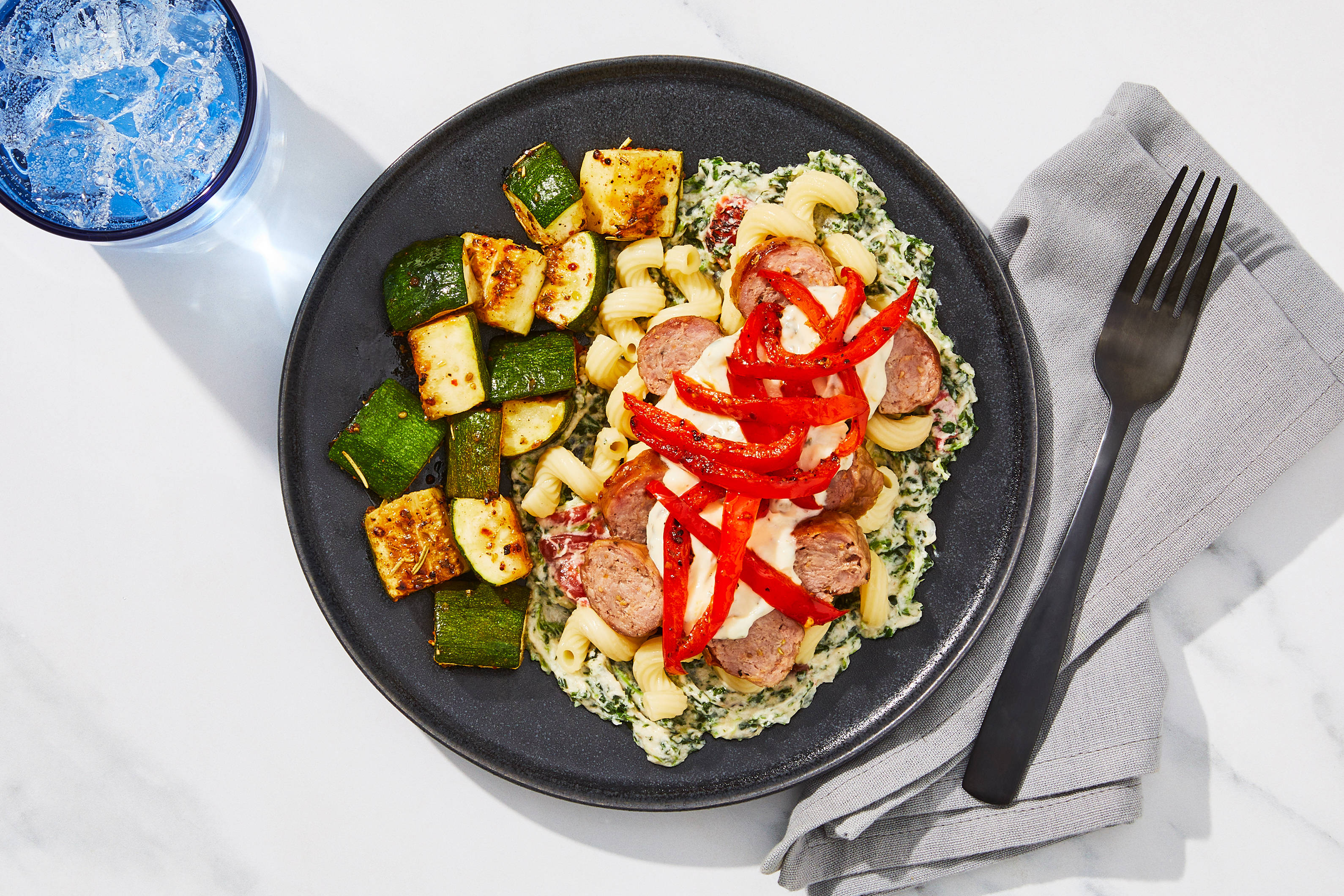 Creamed Spinach Cavatappi & Italian Sausage