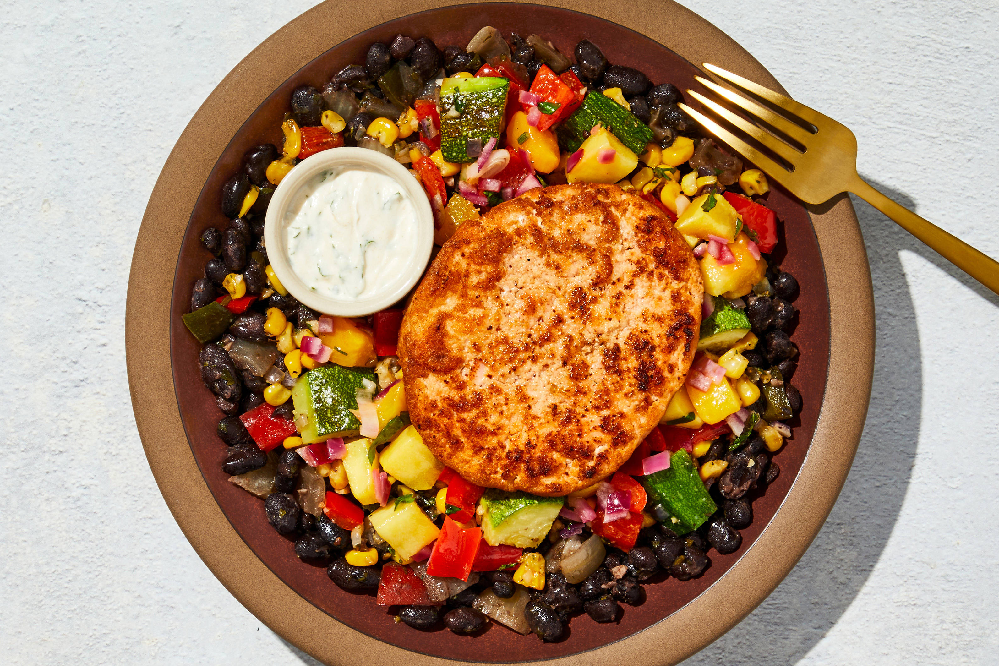 Mango Salsa Salmon Burger & Jerk Beans