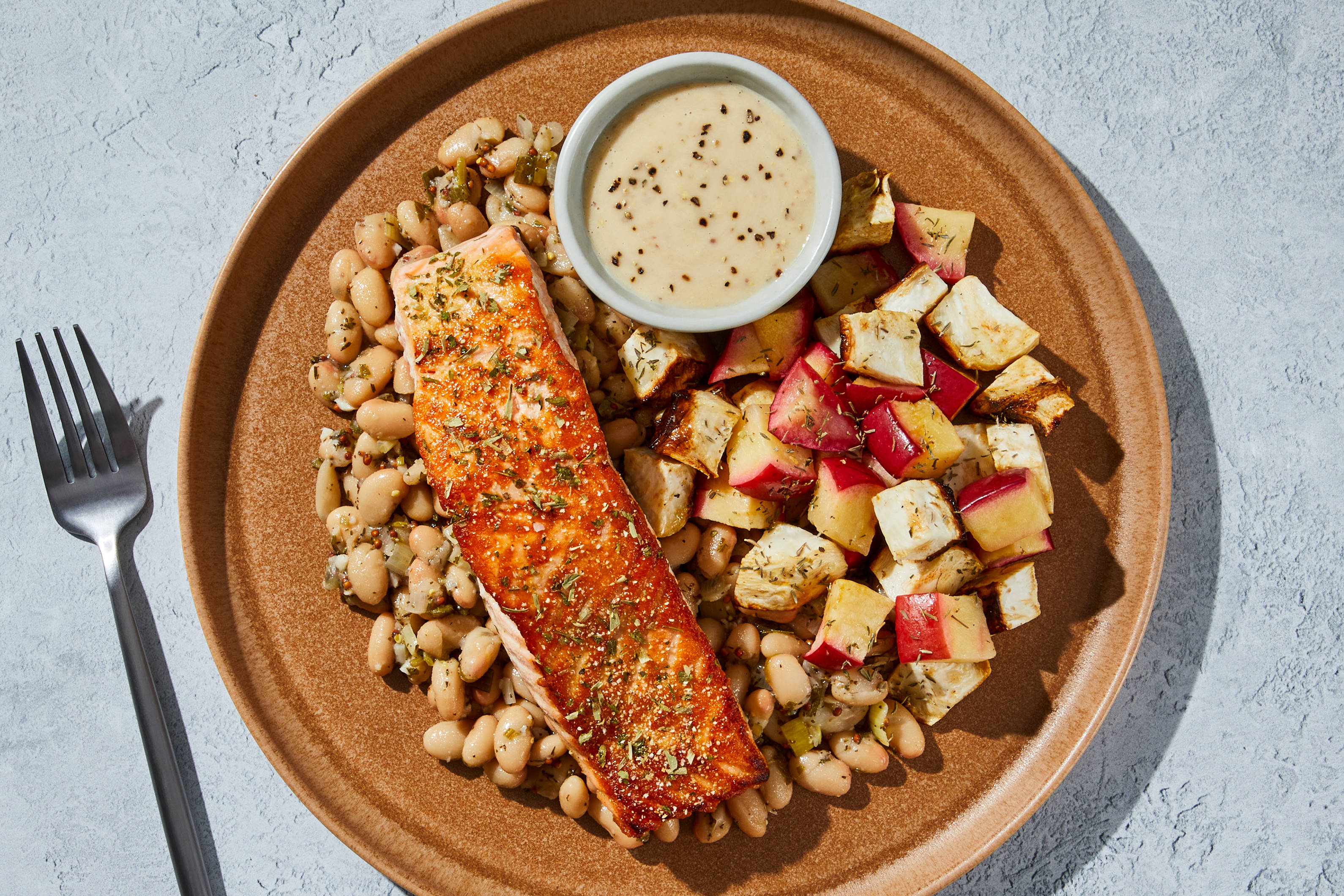 Mustard-Braised White Beans & Salmon