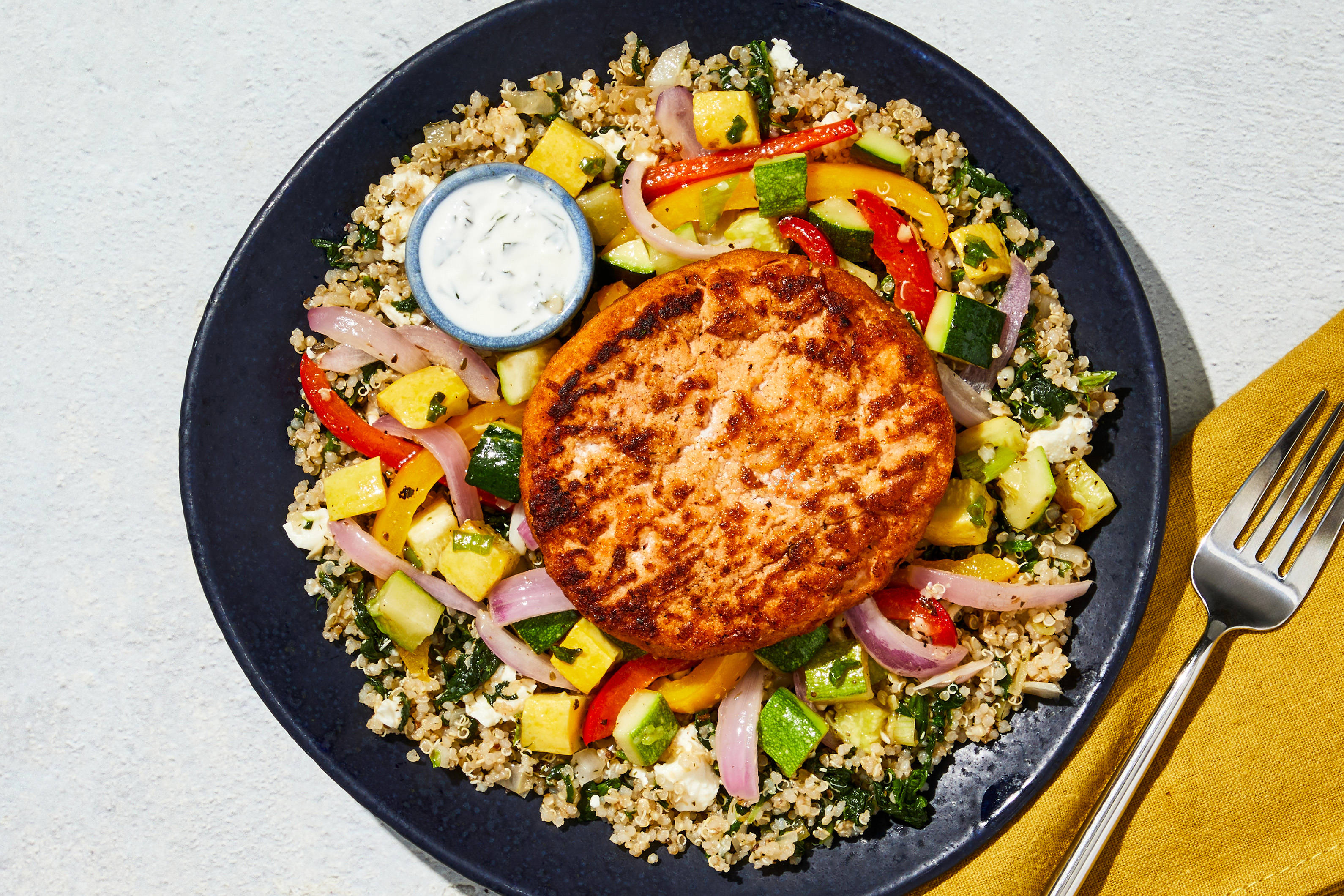 Tzatziki Salmon Burger & Spinach-Feta Quinoa