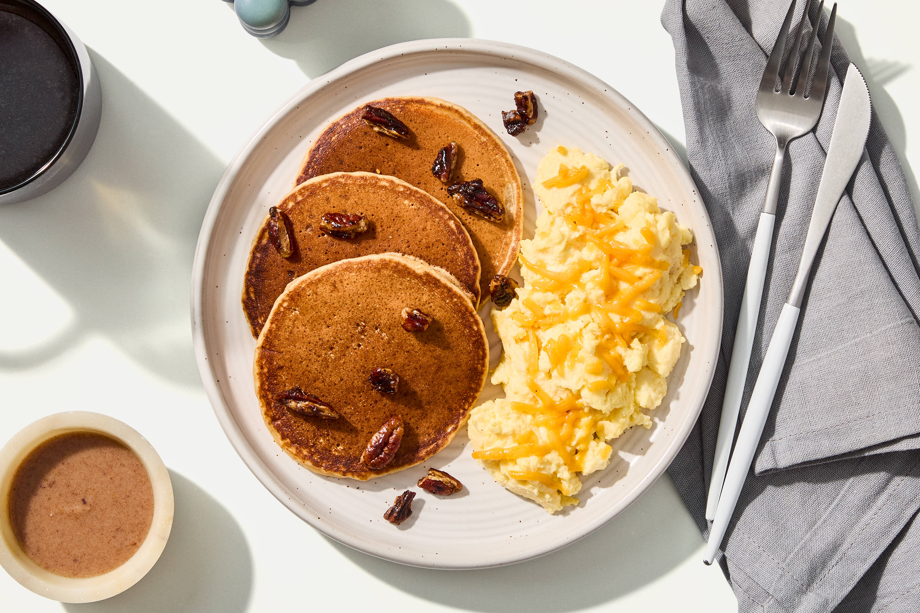 Sticky Pecan Protein Pancakes & Cheddar Scramble