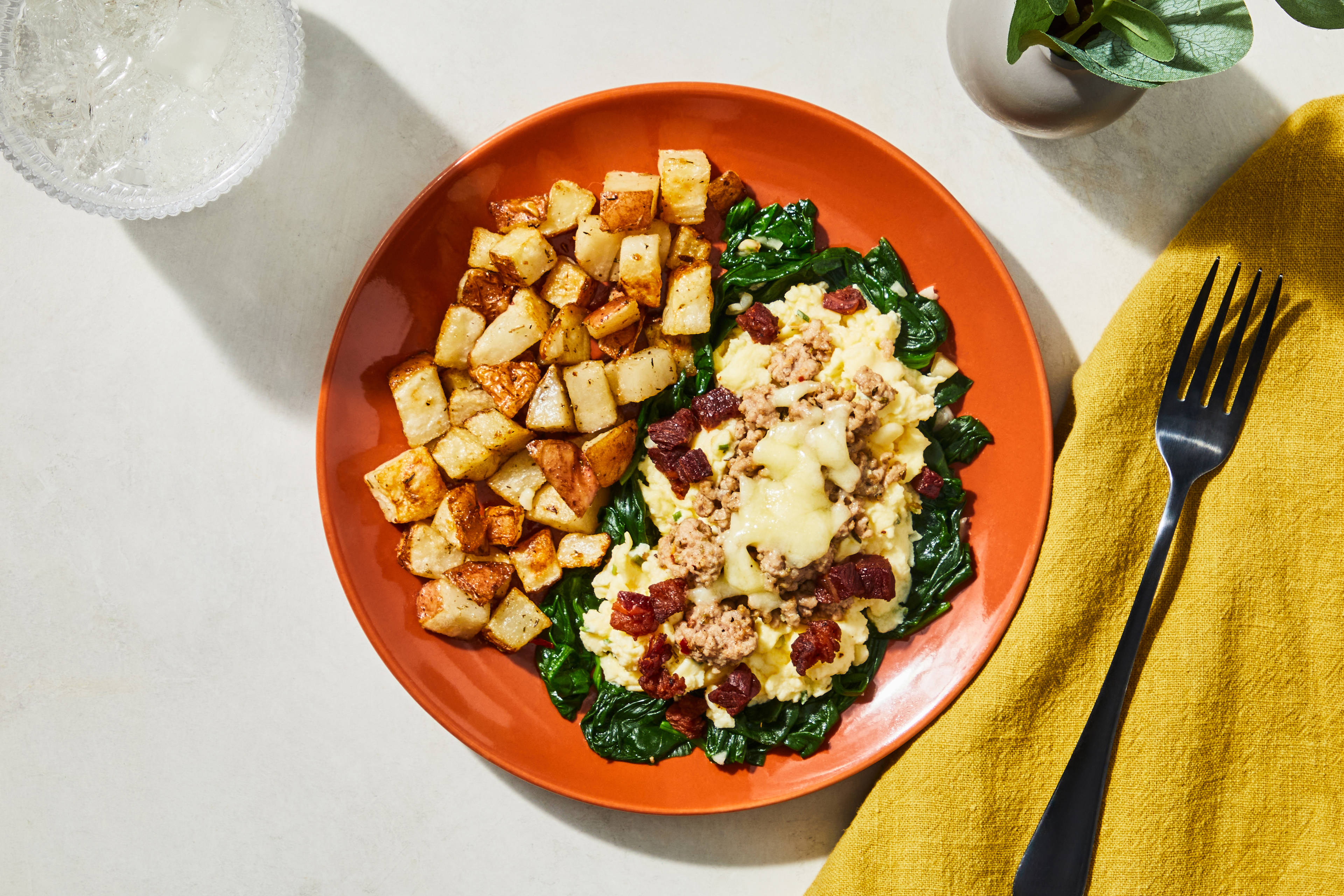 Bacon, Sausage & White Cheddar Scrambled Eggs