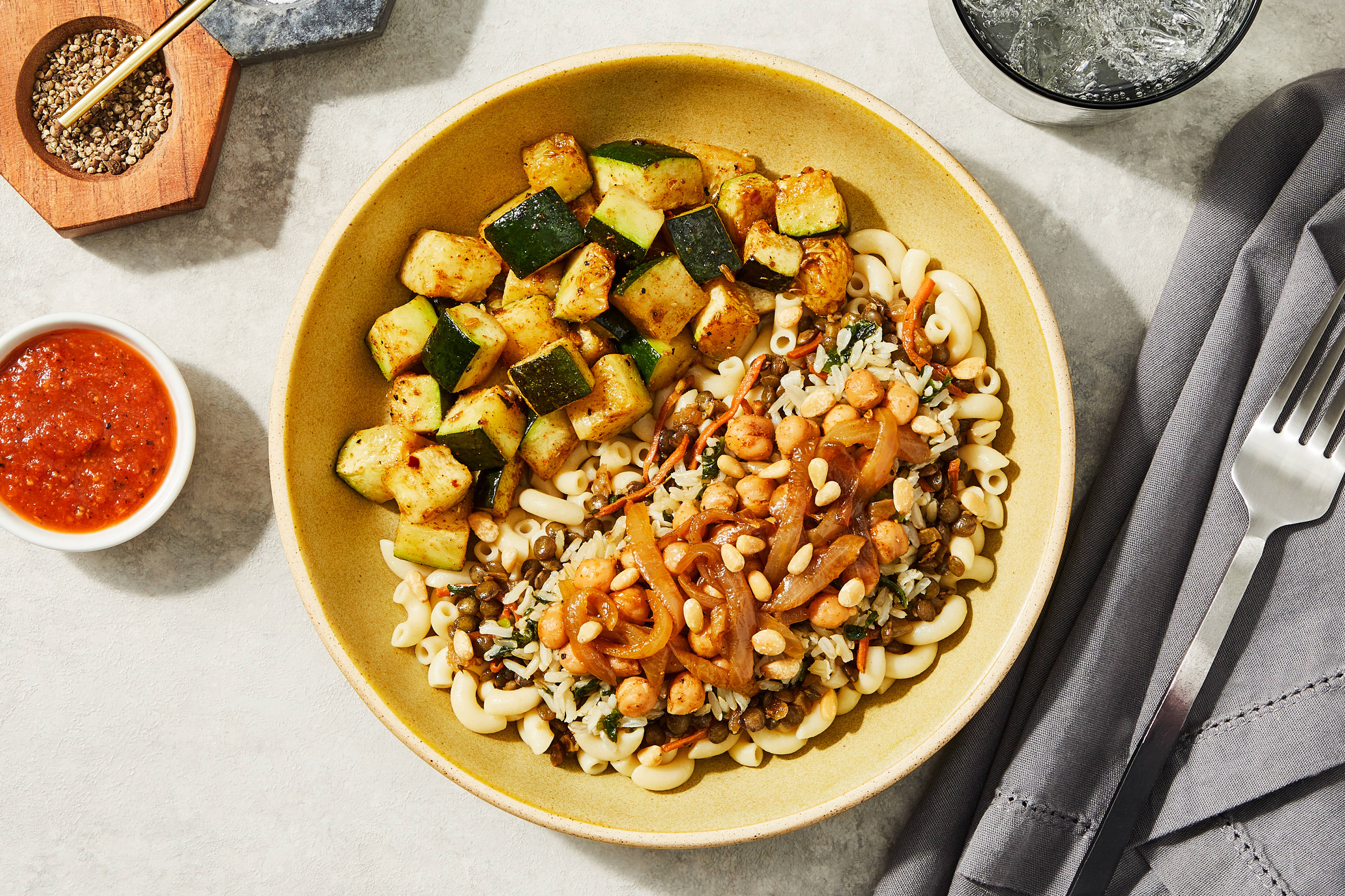 Koshary (Egyptian Pasta, Chickpeas & Lentils)