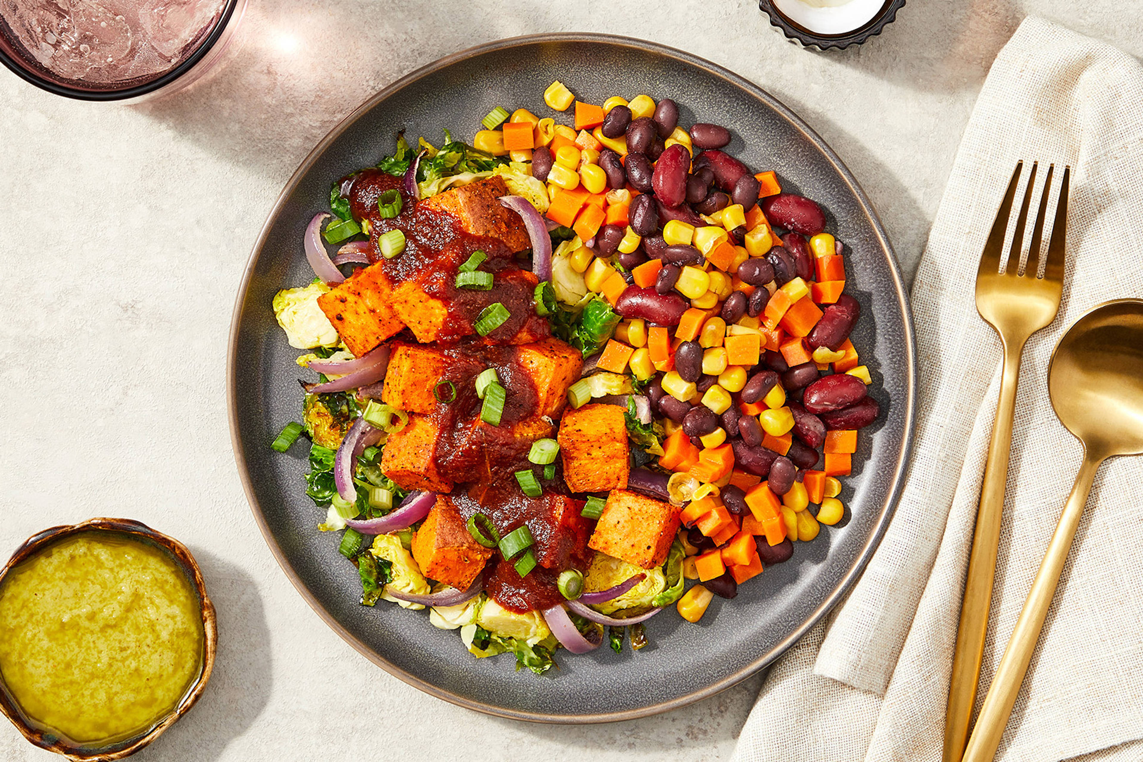Smoky BBQ Sweet Potato & Brussels Sprouts