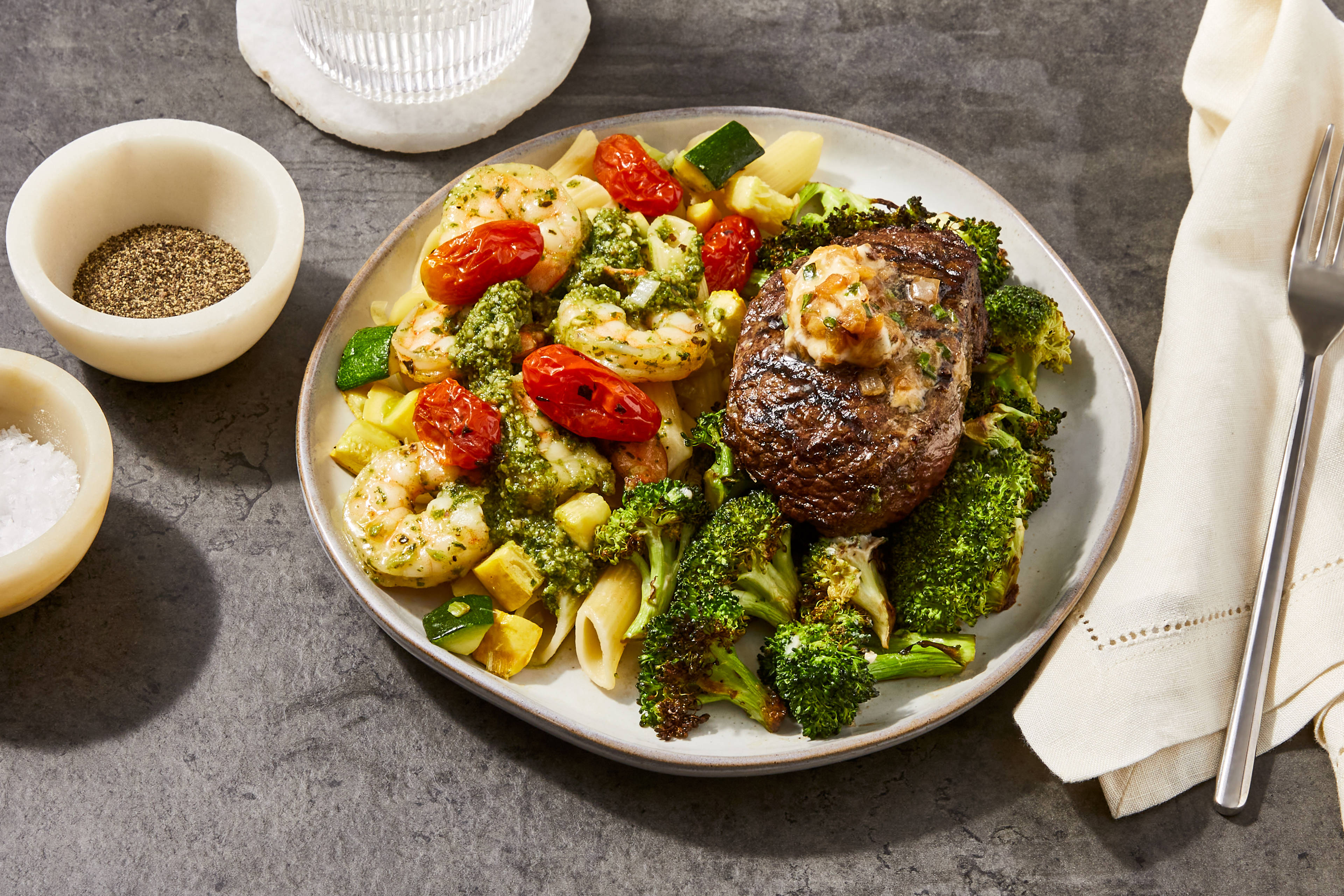 Garlic Filet Mignon & Basil Pesto Shrimp Penne