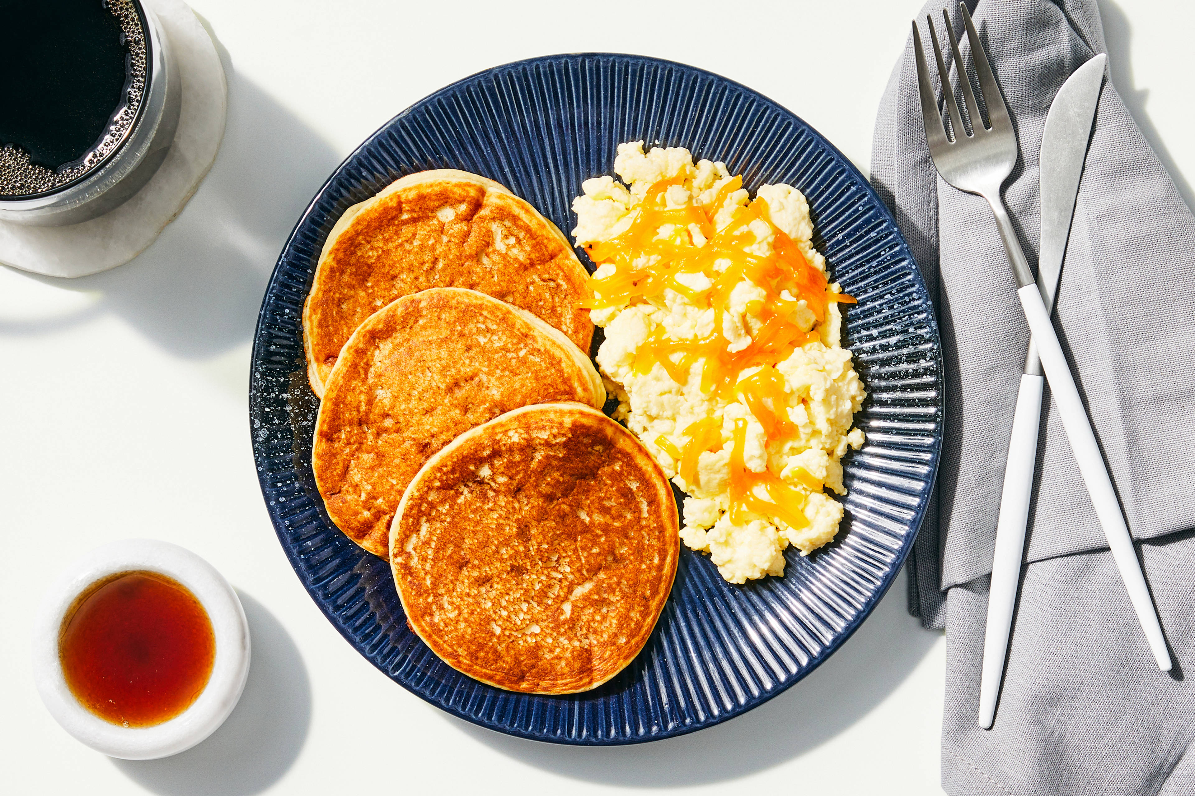 Pancakes & Cheddar Scrambled Eggs