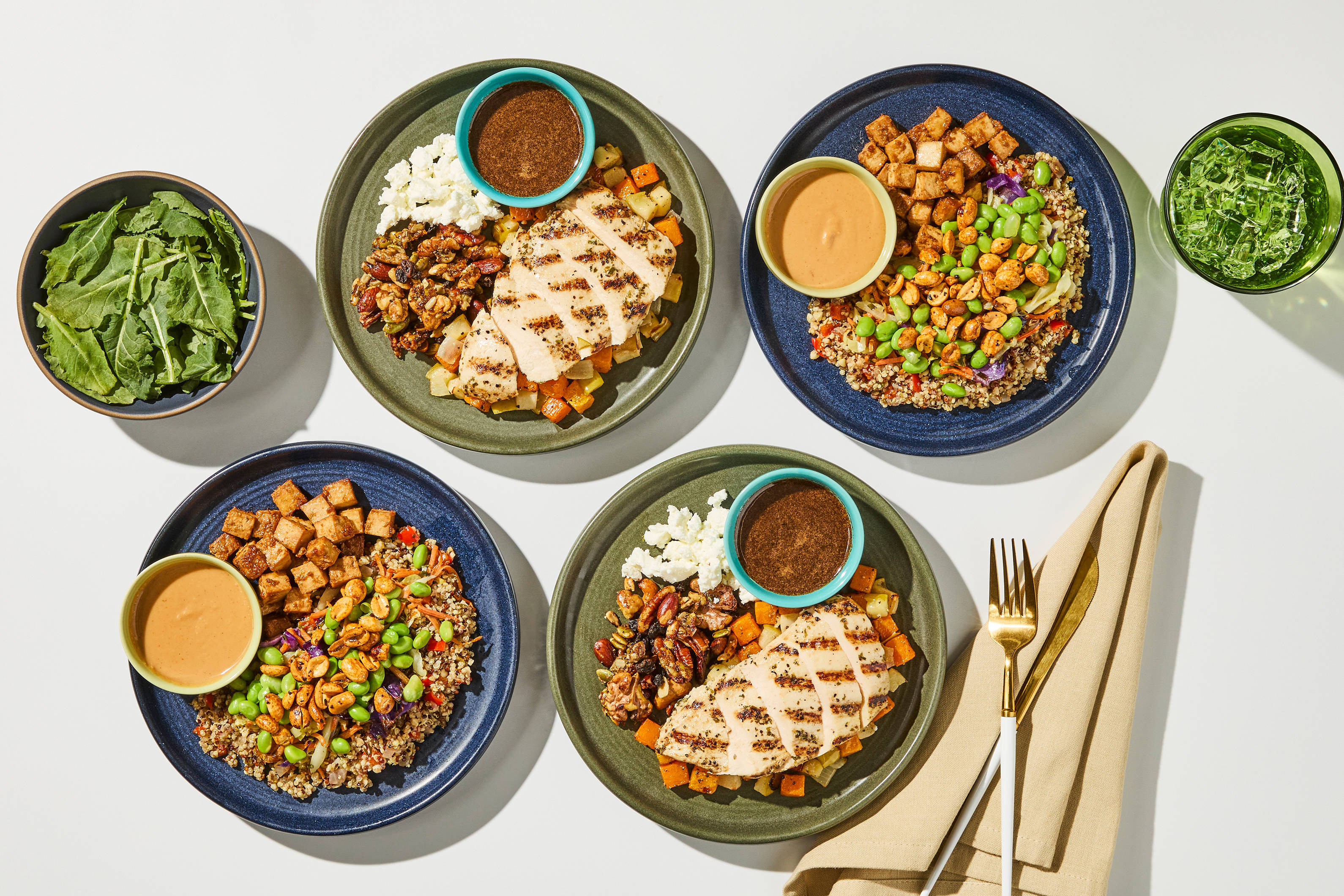 Lunch for the Week - Ginger Tofu & Thai Peanut Sauce Grain Bowl & Goat Cheese, Butternut & Grilled Chicken Salad Topper