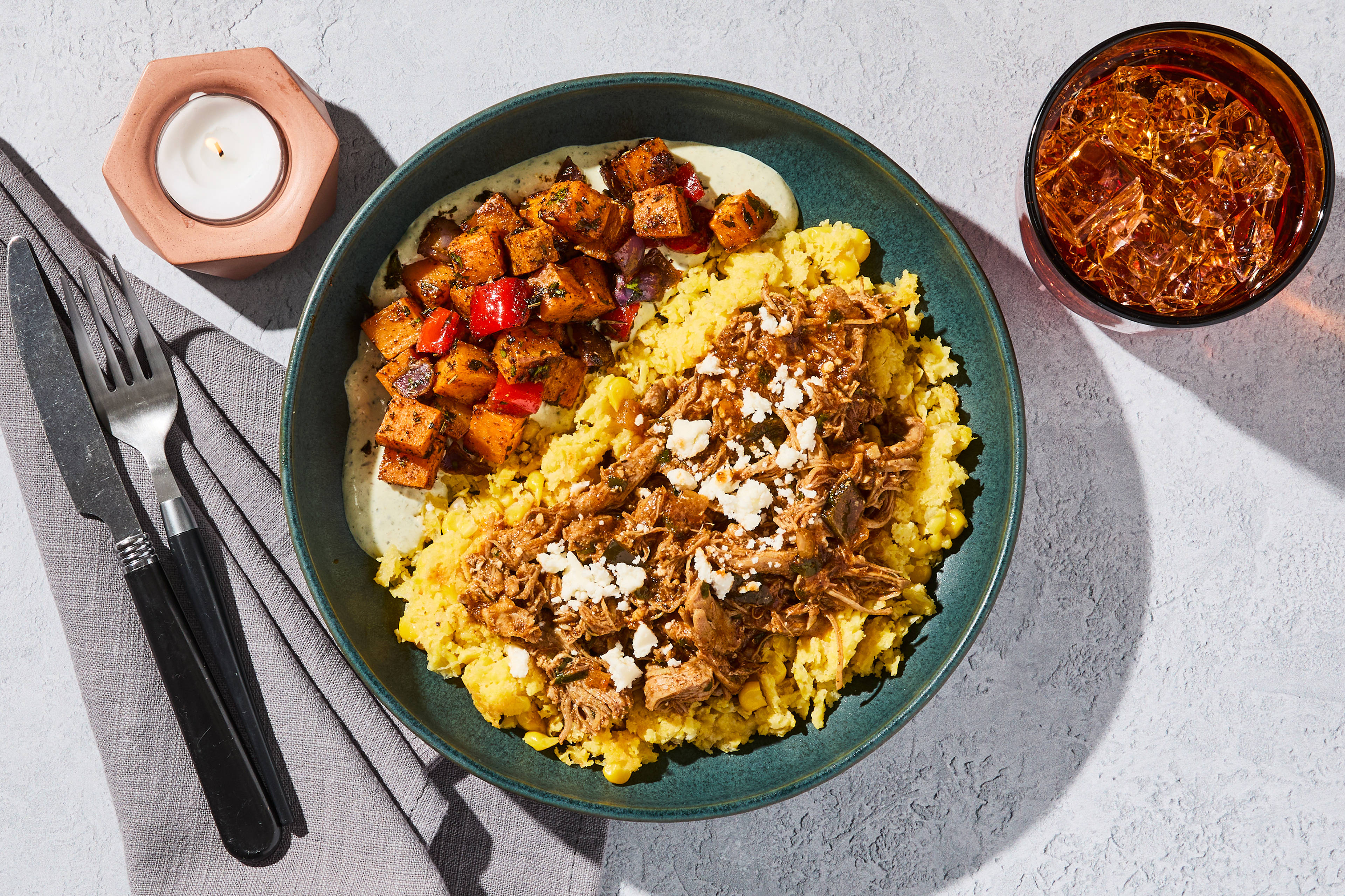 Red Chile Chicken Thighs & Tamale Cake