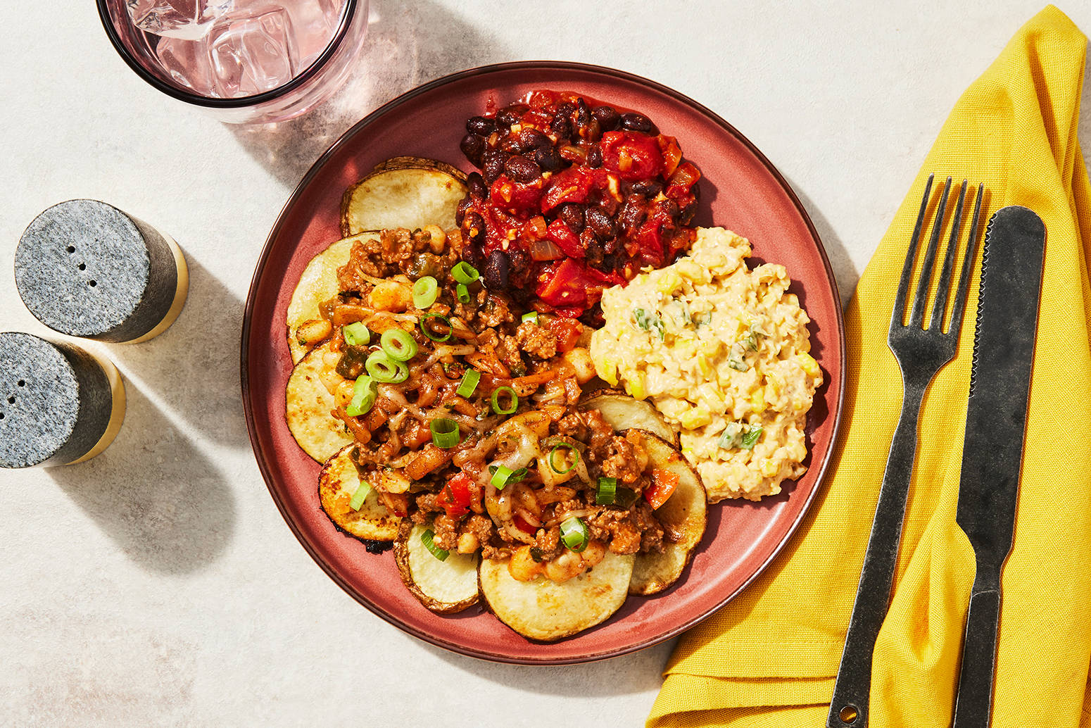 Cheesy Beef & Poblano-Hominy Skillet