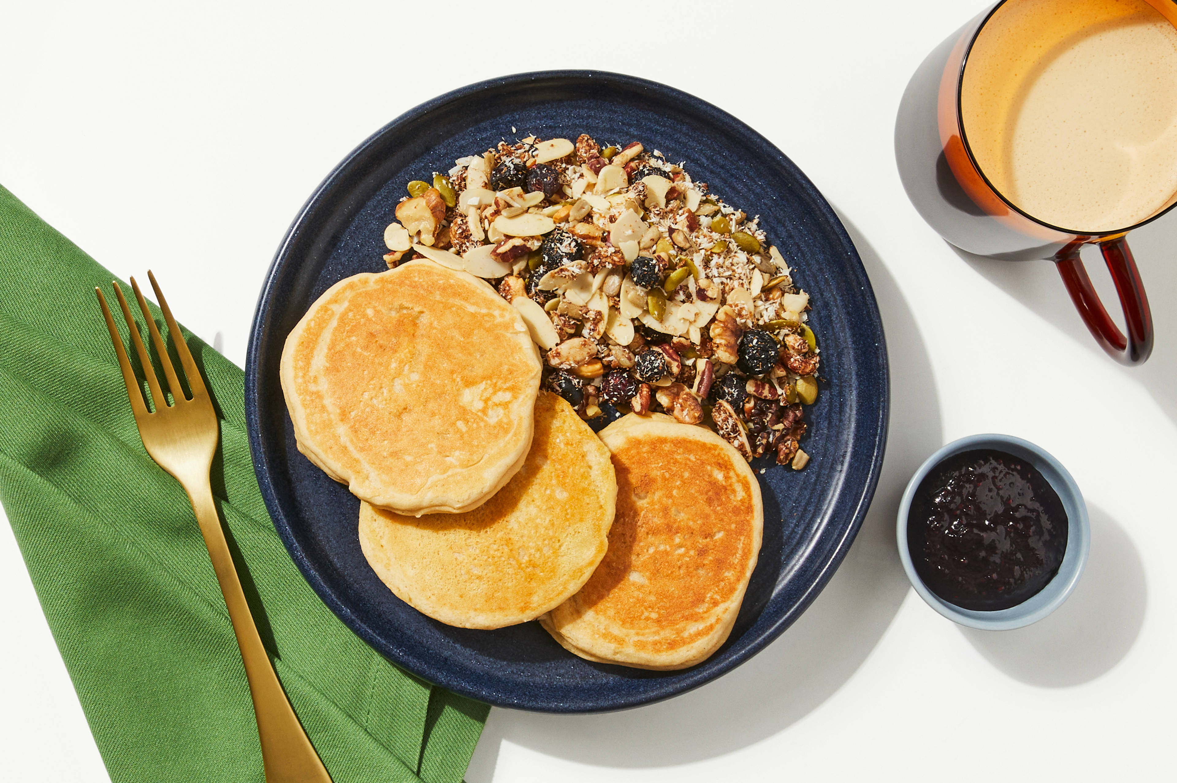 Honey Yogurt Pancakes & Blueberry Chia Sauce 