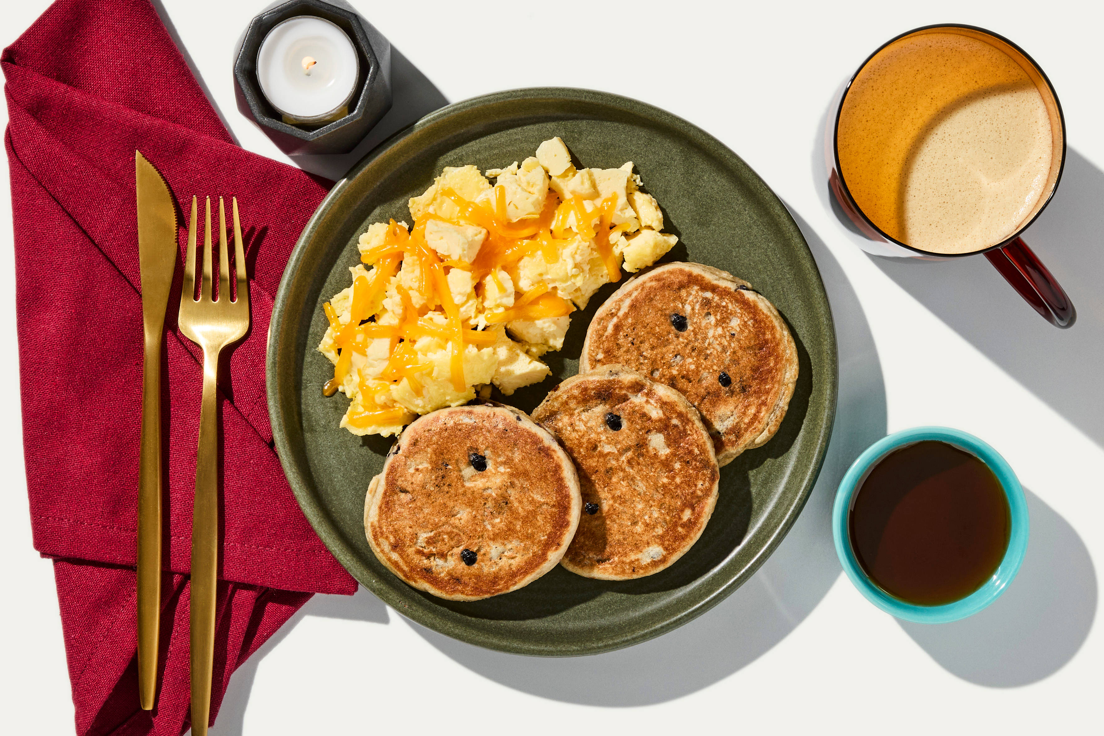 Blueberry Pancakes & Cheddar Scrambled Eggs