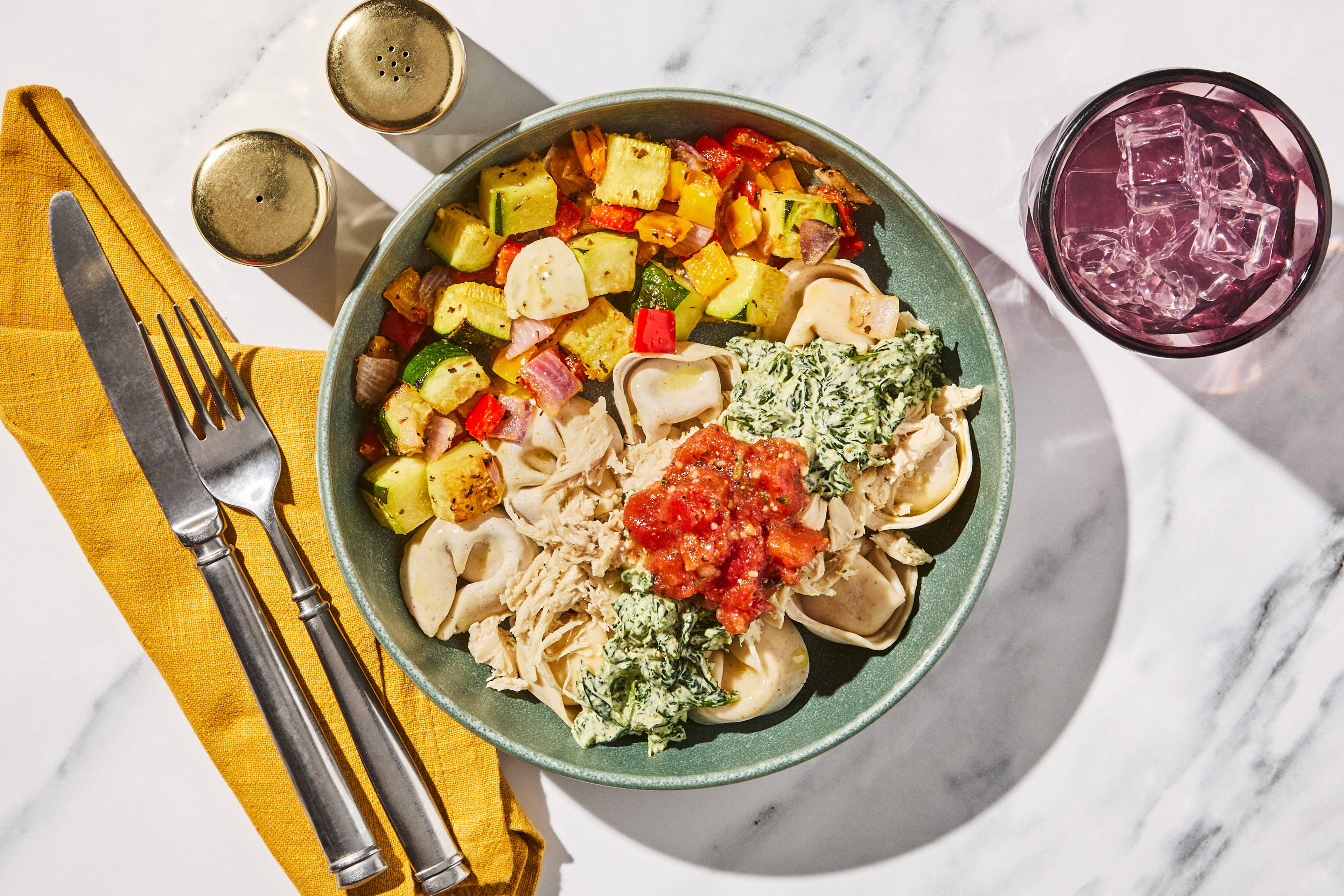 Shredded Chicken & Pesto Creamed Spinach Tortellini