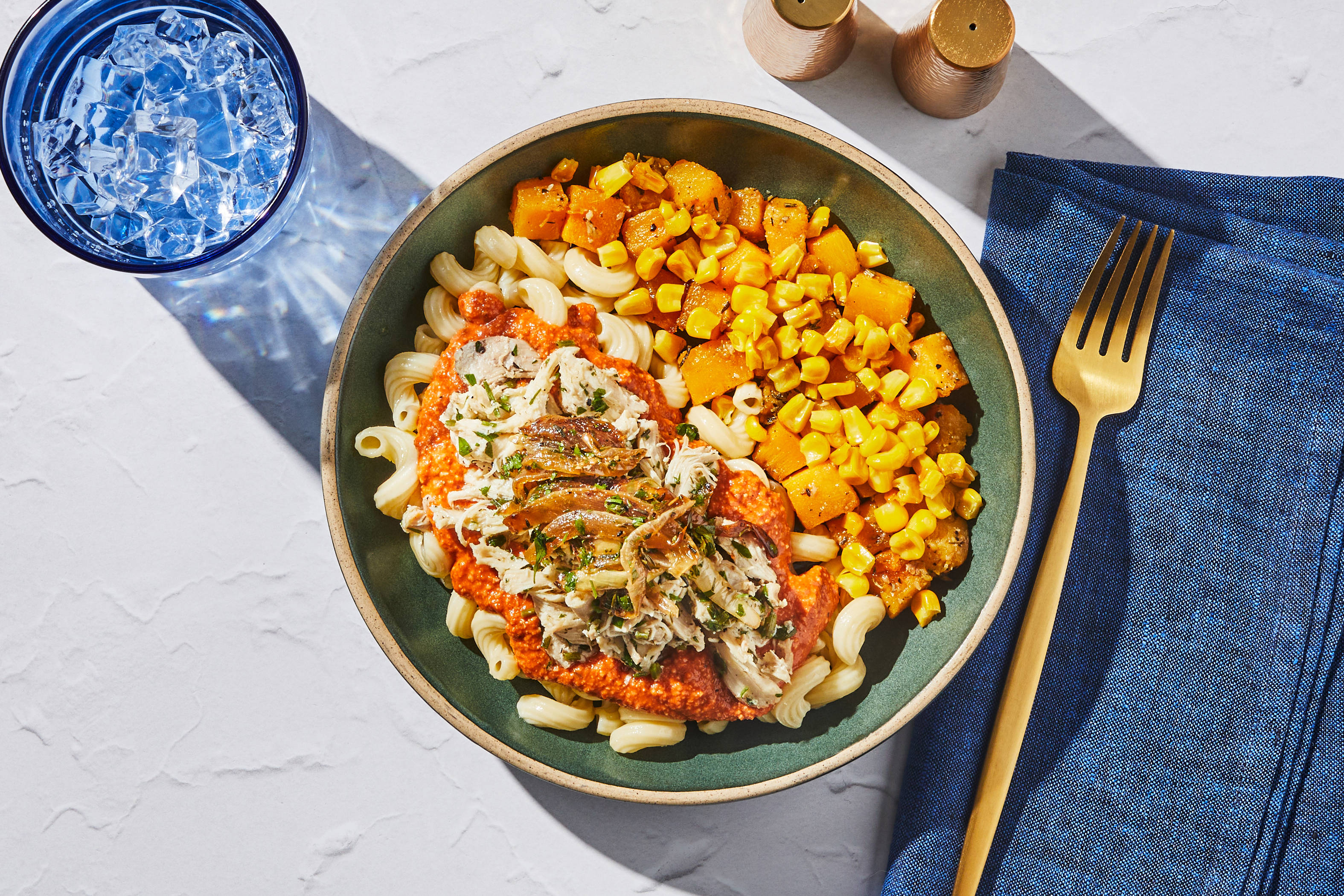 Caramelized Onion & Romesco Shredded Chicken Pasta