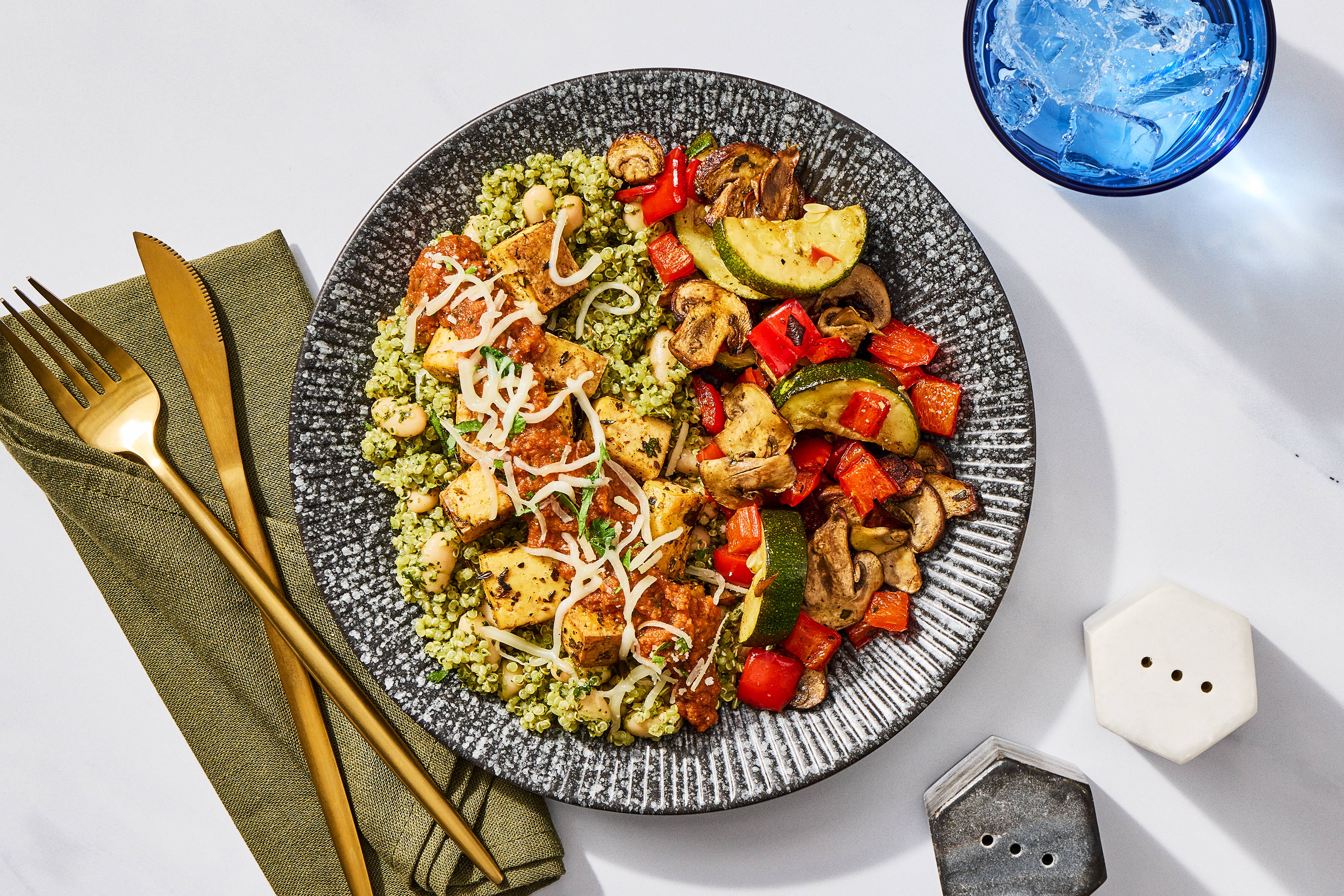 Garlic Marinara Tofu & Pesto Quinoa