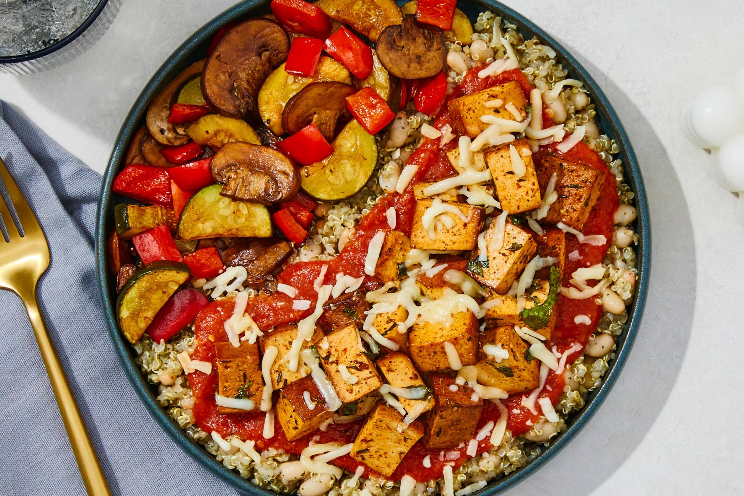 Garlic Marinara Tofu & Pesto Quinoa