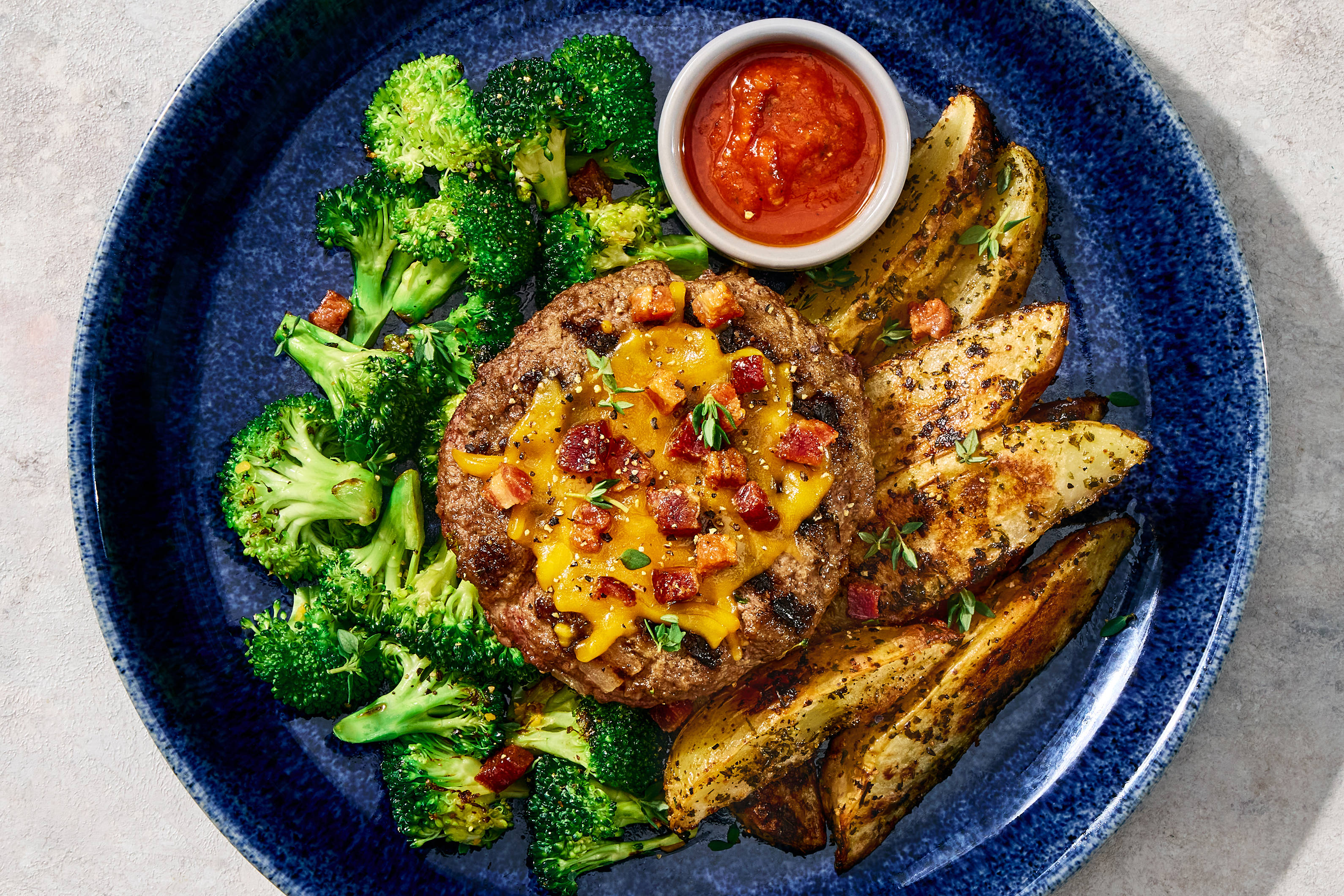 Beef Burger & Cheesy Bacon Potato Wedges