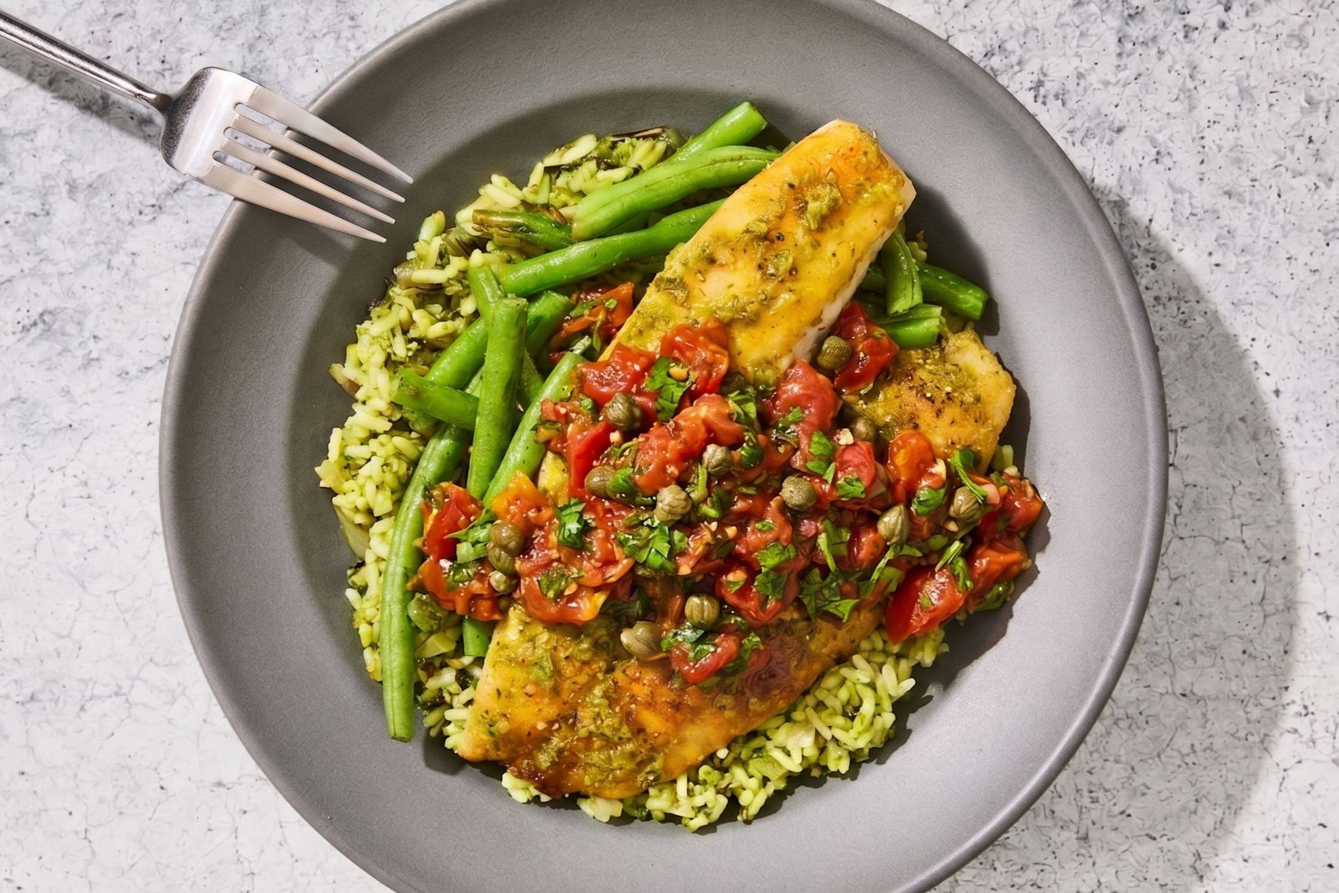 Tomato Caper Tilapia & Pesto Rice