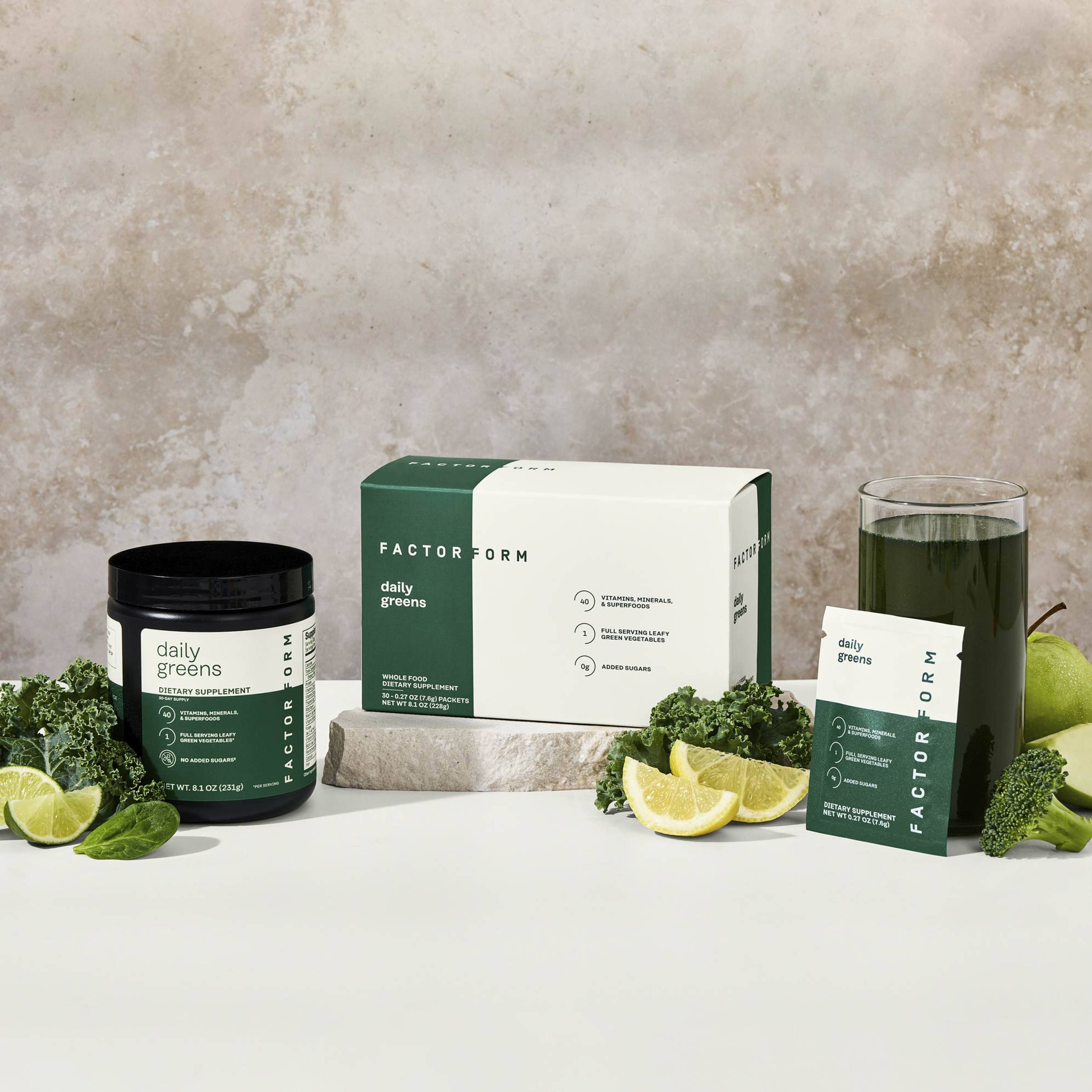 Daily Greens Jar, box, and packet