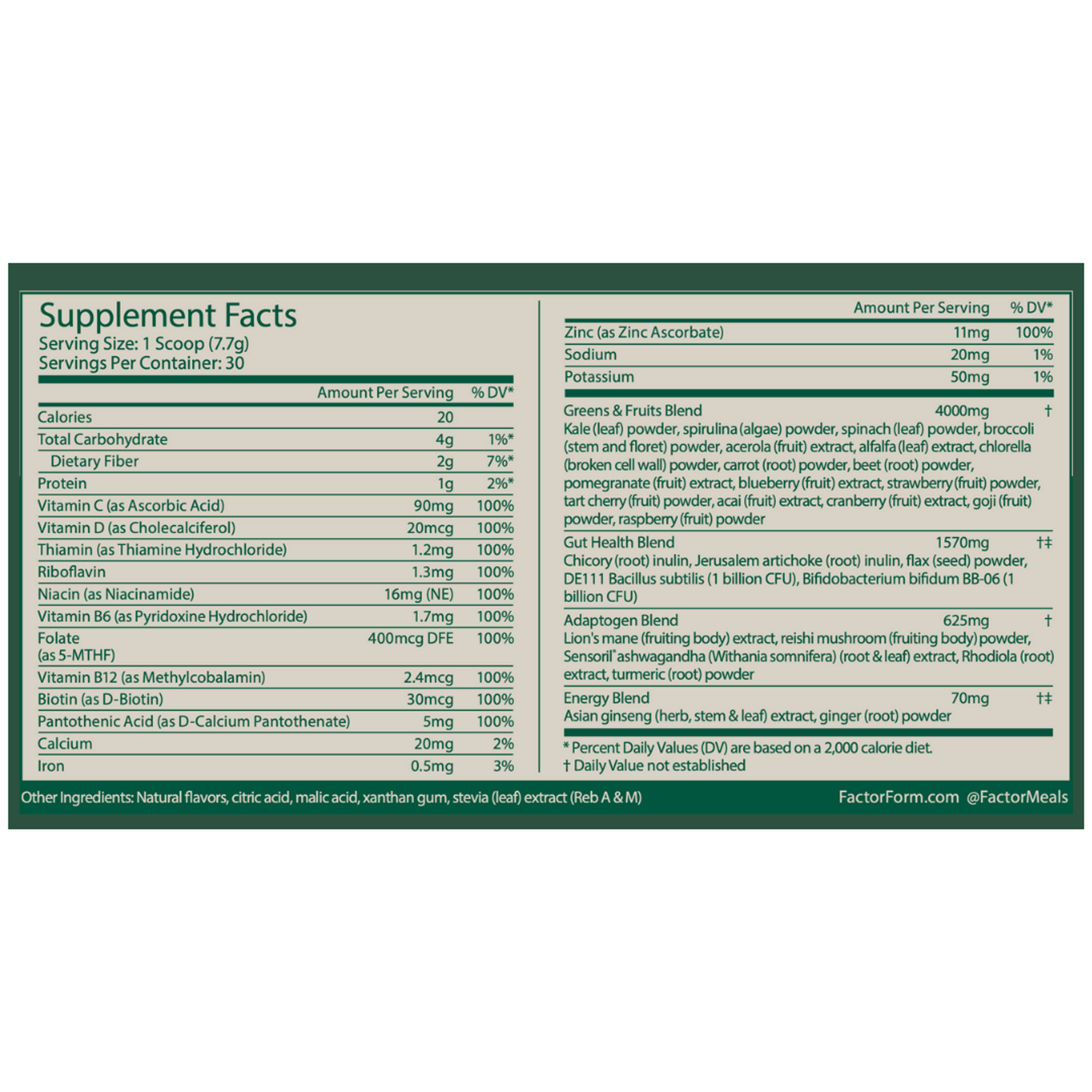 Daily Greens Supplement Facts Per Scoop, screen-reader friendly version available on View supplement label link