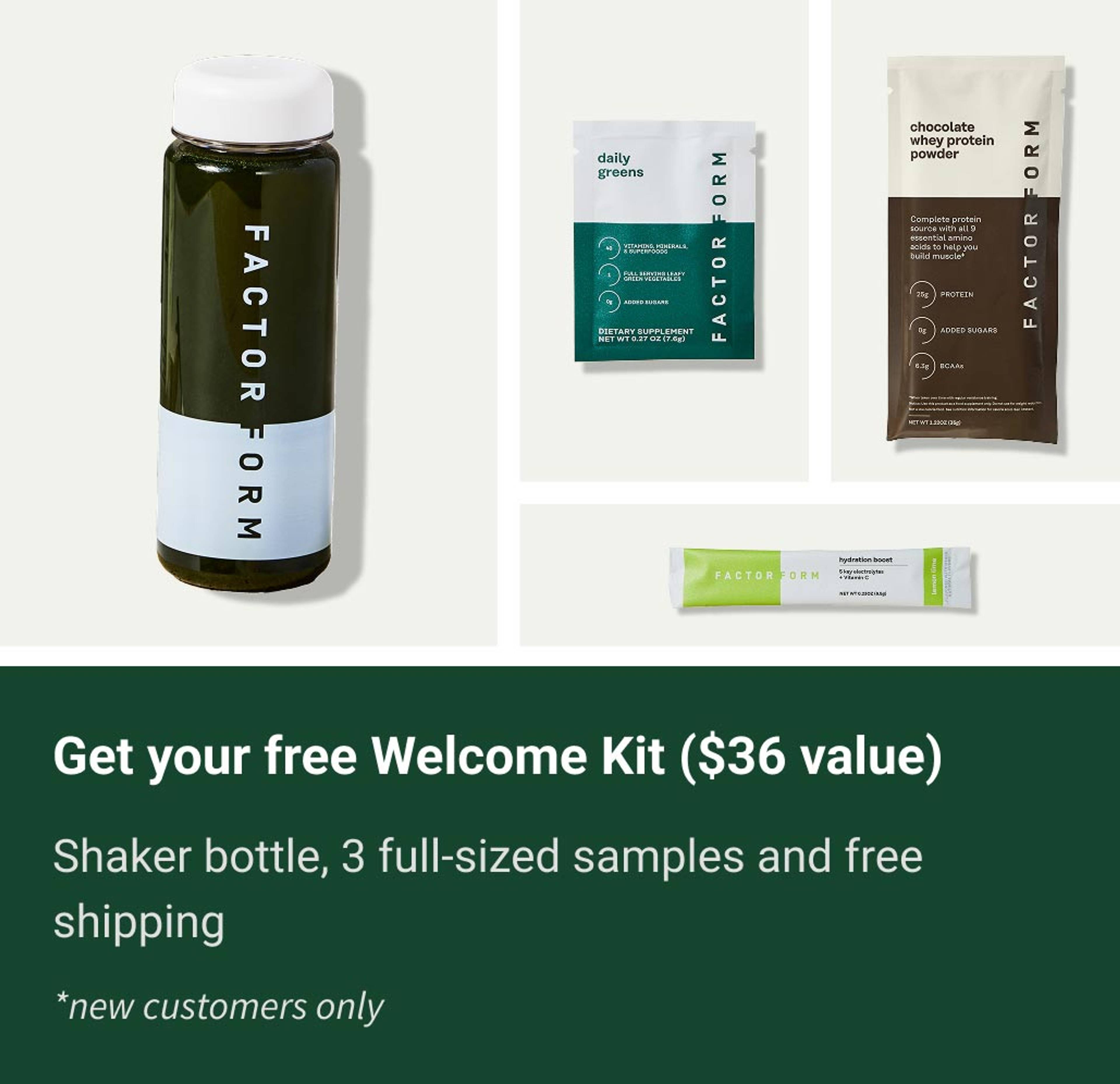 Free welcome kit with first order of Daily Greens: includes a shaker bottle, 3 full-size samples (greens, whey protein powder, hydration), and free shipping