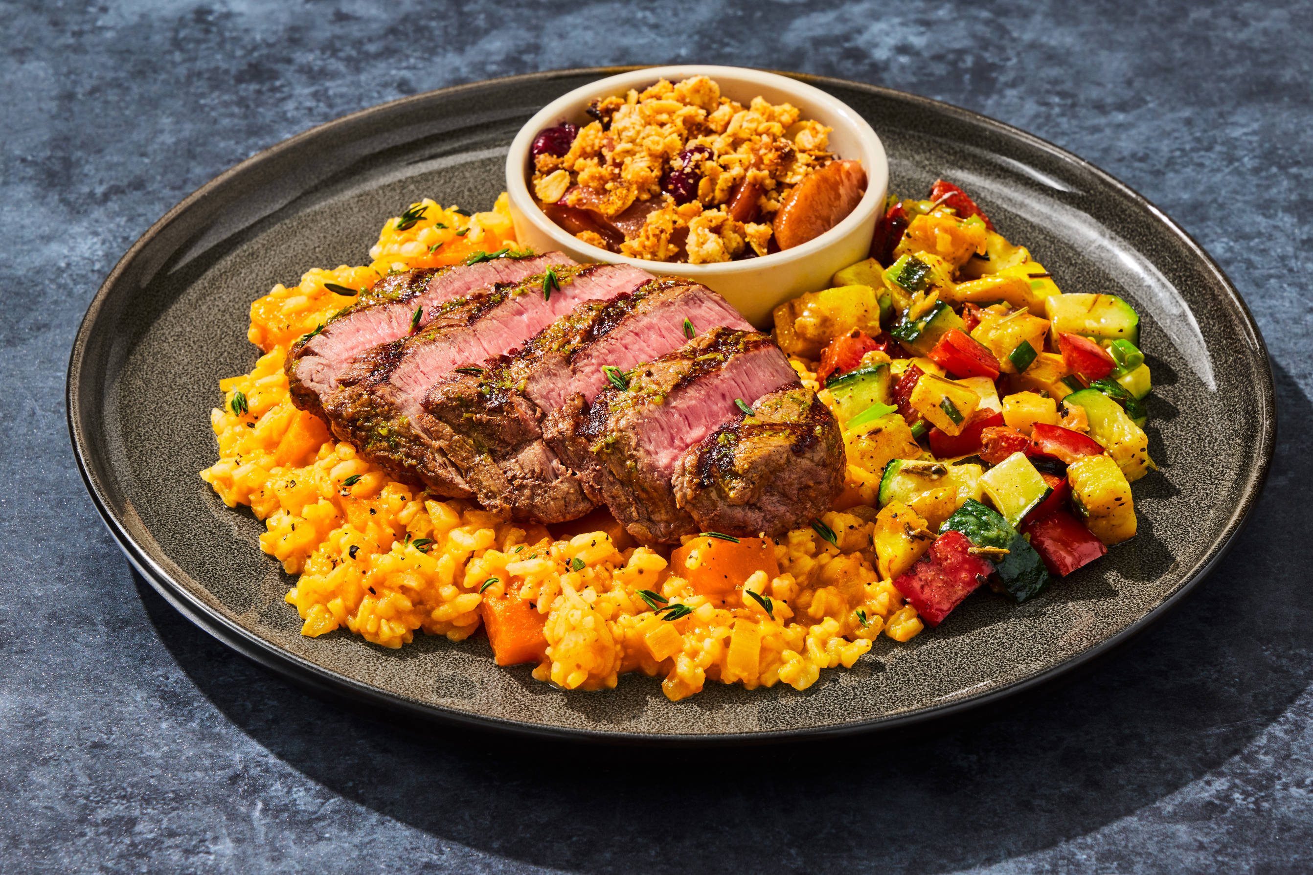 Herb Peppercorn Filet Mignon & Butternut Squash Risotto with Veggie Medley & Cranberry Apple Crumble menu preference image