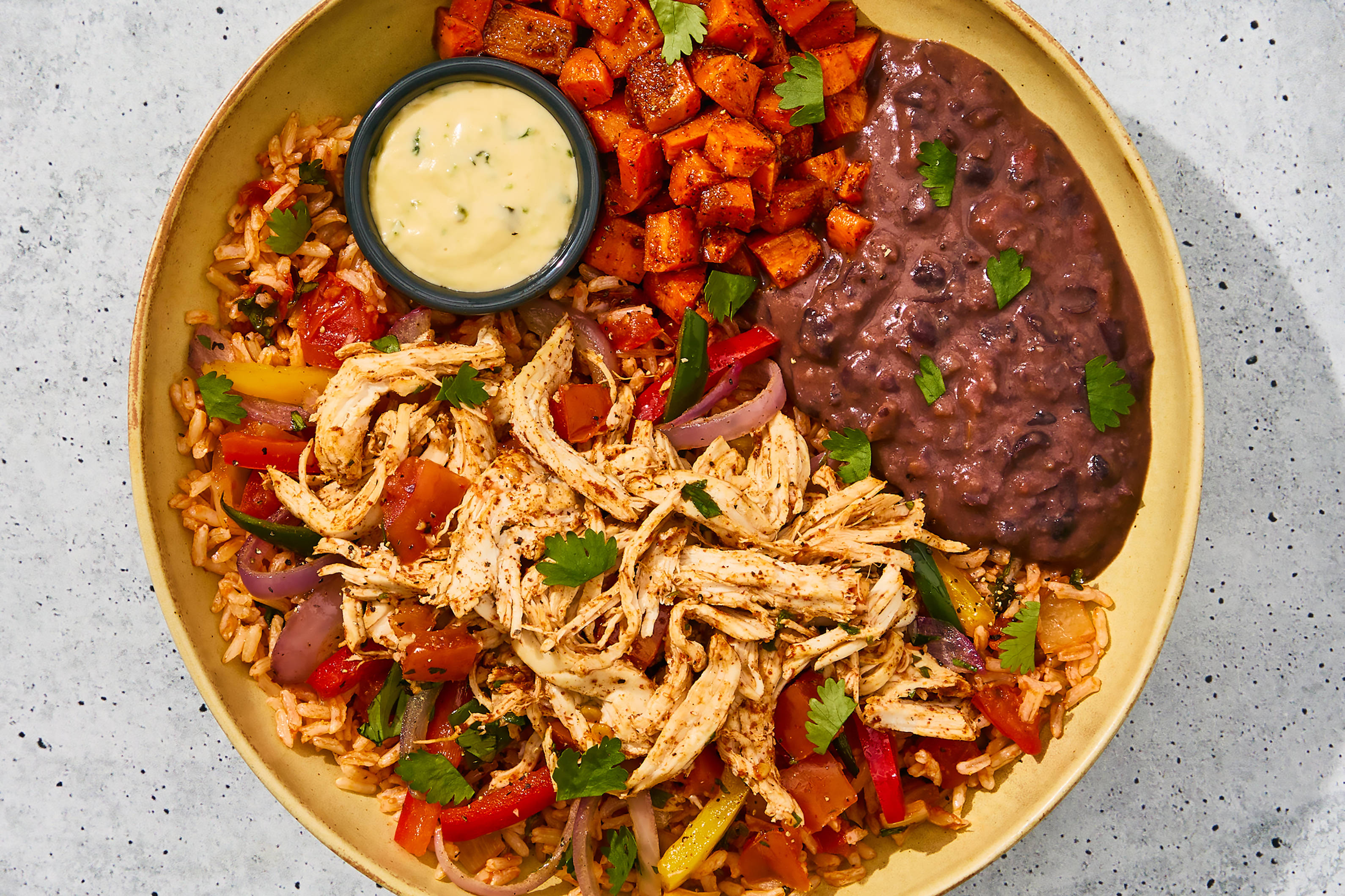 Shredded Chicken Fajita Bowl with Queso, Smashed Black Beans & Carrots menu preference image