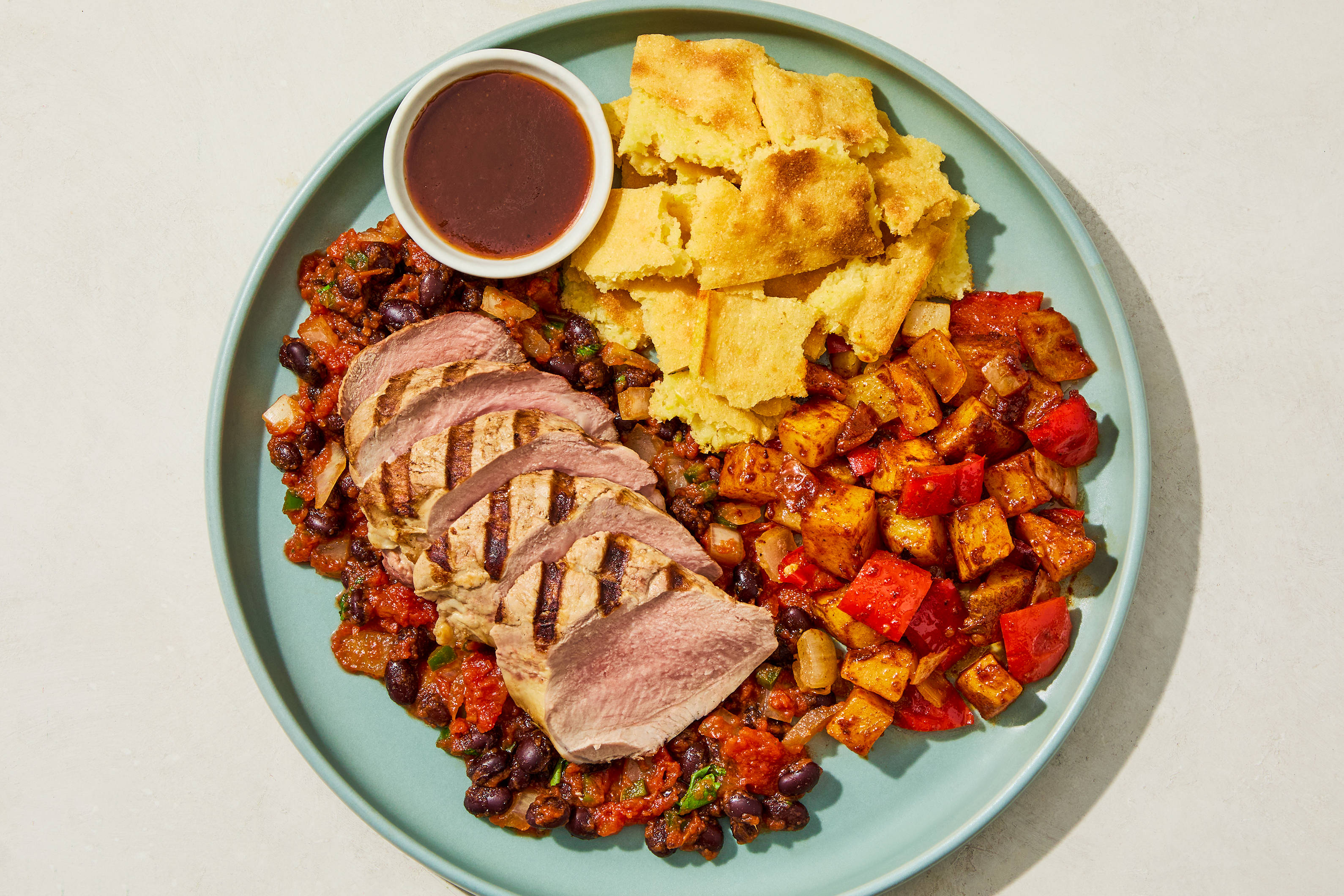 Smokehouse BBQ Pork Tenderloin with Beans, Potatoes & Cornbread Pudding menu preference image
